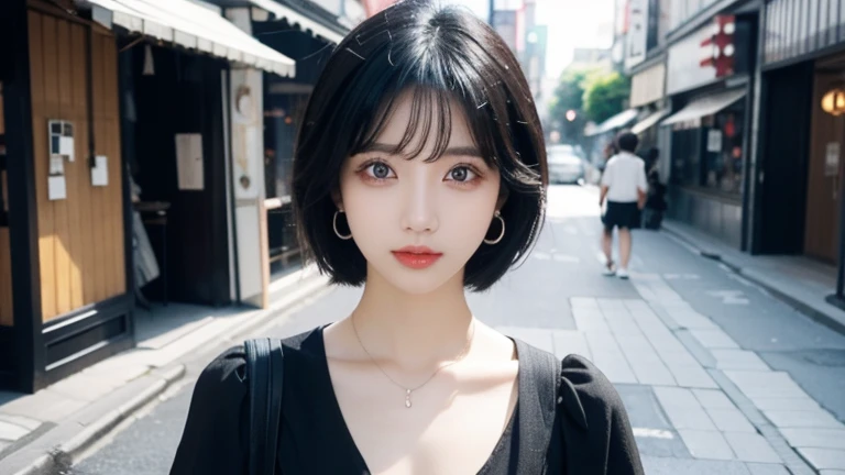 Japanese、Black Hair、short hair、Mid-chest、iris、cute、sexy、Street fashion、Earrings、Light background