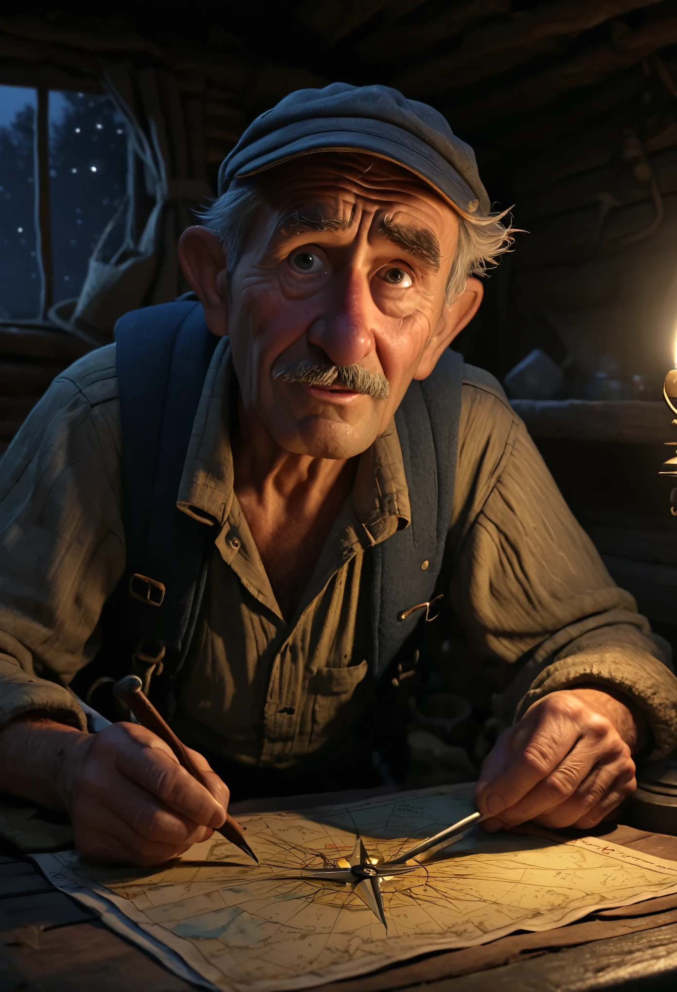 Close-up. 3/4 view. Caricature, funny illustration. The old traveler packs the essentials (map, compass, provisions), his weathered face showing determination. We are in a dark room of a dilapidated hut by candlelight. Lots of details. In hyper-realistic 8K, Ultra HD, Disney Pixar, Cinema 4D style. Blurred background, slight haze.