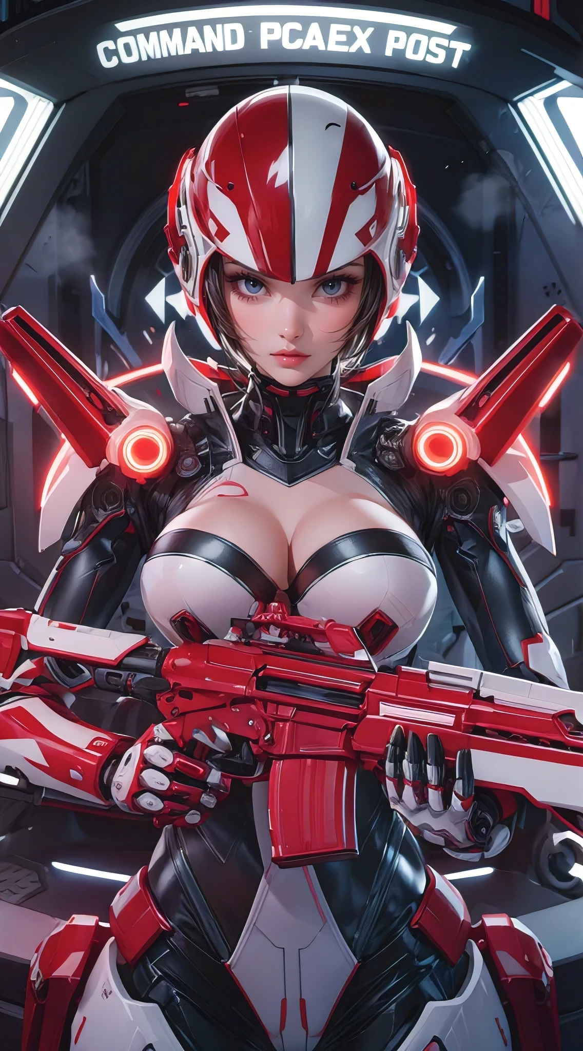 A captivating, futuristic scene featuring a stunningly detailed cyborg peacekeeper character. She is shown in a city command post interior, showcasing her beautiful and busty figure. Her intimidating yet stylish helmet is adorned with red and white hues, which contrast with her glowing neon accents. The advanced armor on her body, a perfect blend of biological and mechanical features, demonstrates the apex of human technology. In her hands, she holds a futuristic assault rifle, also in red and white hues. The overall atmosphere of the image is a combination of intimidation and sophistication, illuminated by neon lights and the glow of high-tech equipment., anime