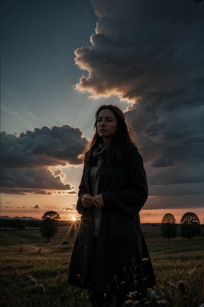 Dark sky during sunset with a meadow