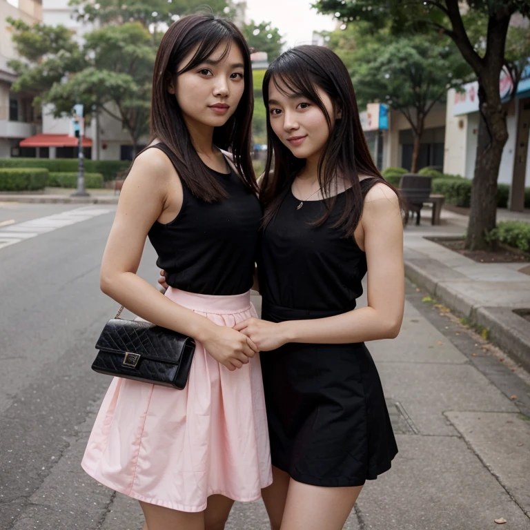 Cute asian girl in a pink dress with an asian girl in a black skirt