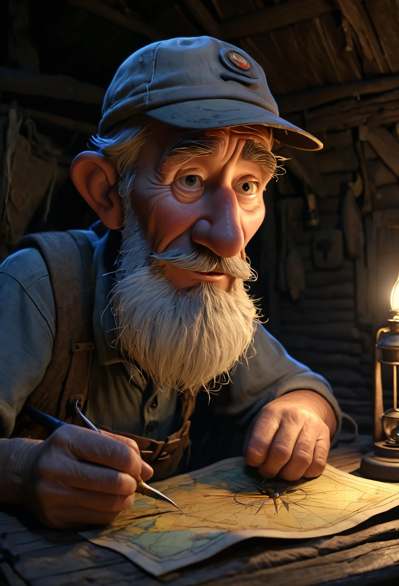 Close-up. 3/4 view. Caricature, funny illustration. The old traveler packs the essentials (map, compass, provisions), his weathered face showing determination. We are in a dark room of a dilapidated hut by candlelight. Lots of details. In hyper-realistic 8K, Ultra HD, Disney Pixar, Cinema 4D style. Blurred background, slight haze.