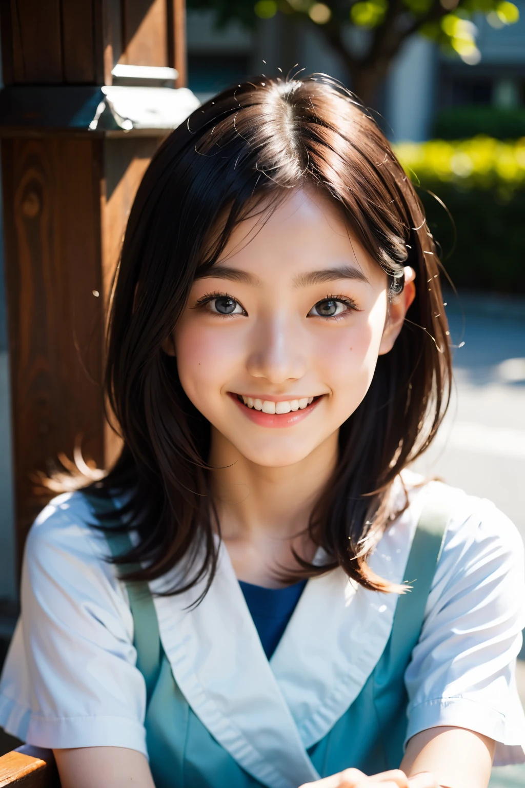 lens: 135mm f1.8, (highest quality),(RAW Photos), (Tabletop:1.1), (Beautiful 18 year old Japan girl), Cute face, (Deeply chiseled face:0.7), (freckles:0.4), dappled sunlight, Dramatic lighting, (Japanese School Uniform), (On campus), shy, (Close-up shot:1.2), (smile),, (Sparkling eyes)、(sunlight)