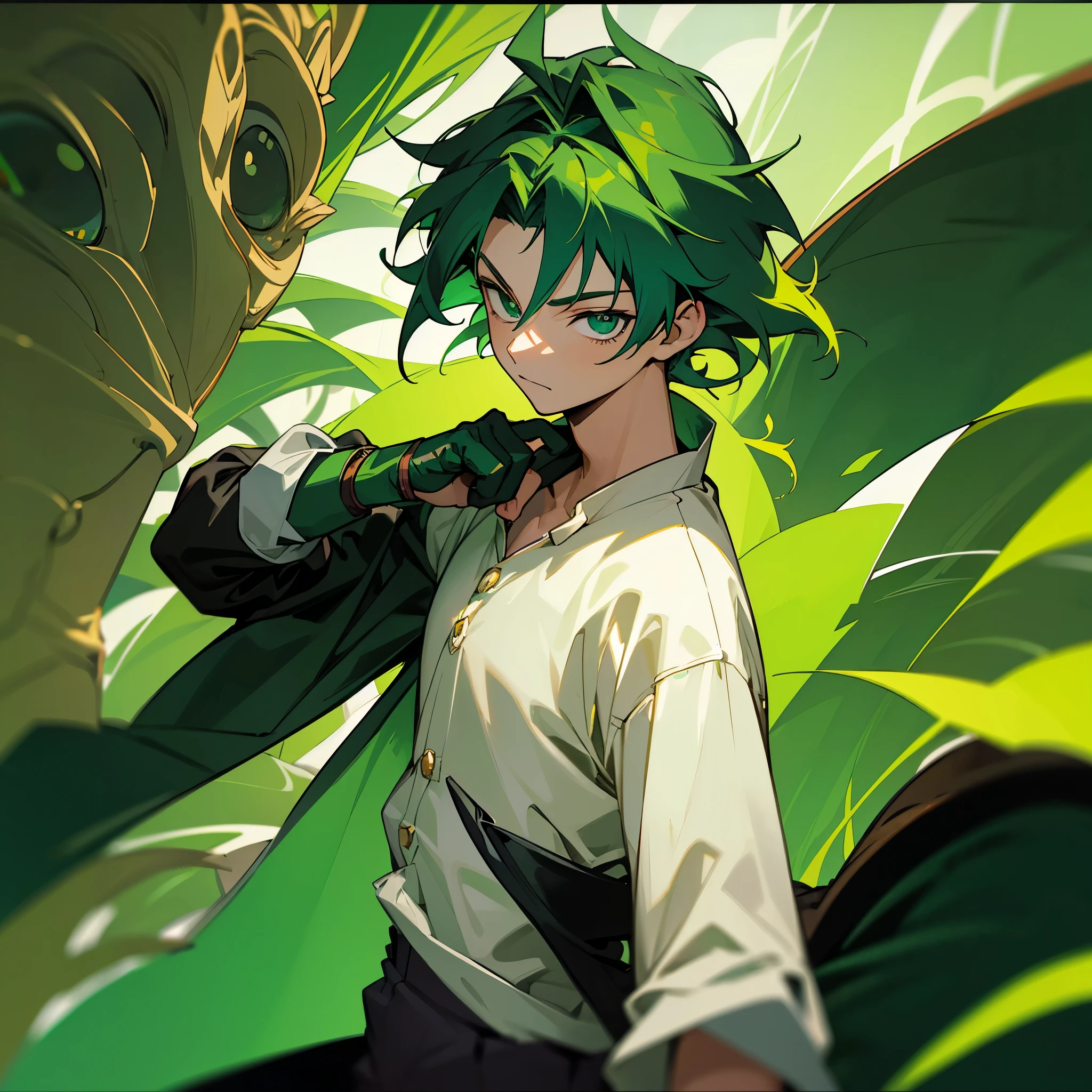Handsome, solo, male, short hair, green hair, green and yellow eyes, smile facial, white shirt, white pant, green and gold coat, green dragon