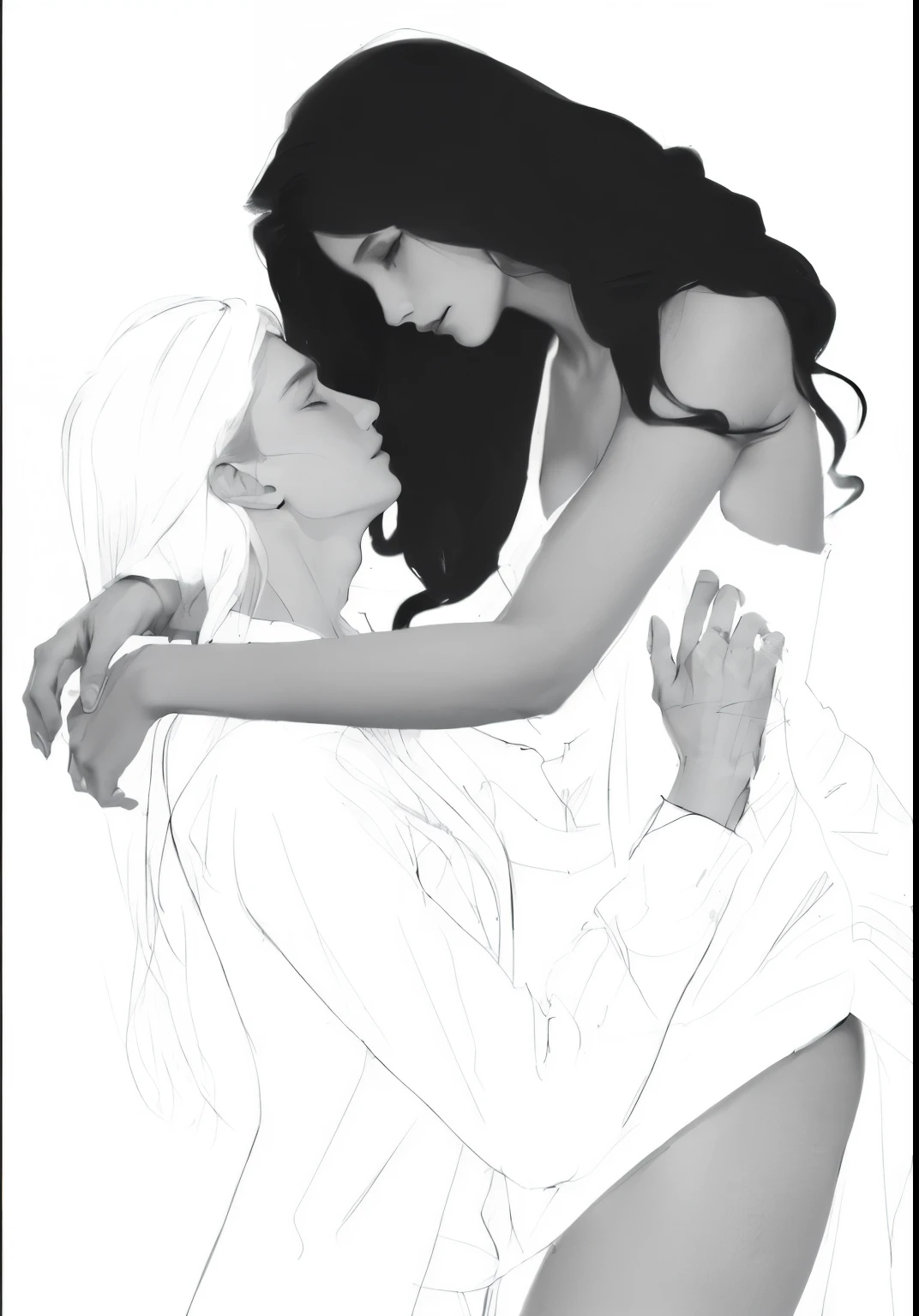 Drawing of a man and woman hugging each other, in Charlie Bowater style, Charlie Bowater and R.Jem, Inspiration from Asaph Hanuka, Charlie Bowater style, wipe, black and white sketch, Inspired by Charlie Bowater, concept art of love, Phil Noto และ Rebecca Guay, black and white