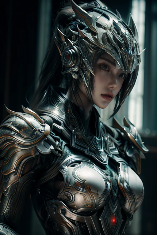 masterpiece,Game Art,Best image quality,Highest Resolution,8k,(Portraiture),Unreal Engine 5 rendering,(Digital photography),((Portraiture Feature:1.5)),
20-year-old girl,Short Hair Details,Long Bangs,(The red eye makeup is very careful),(長いwhite髪の:1.4),(big, Ample breasts),Elegant and noble,Brave and attractive,
(Futuristic armor combines features of ancient Chinese armor,Hollow Design,Power Armor,Mystical oriental runes,Delicate dress patterns,Magical inspiration,white),Future Warrior,war background,
Cinema Lighting,Ray Tracing,Game CG,((3D Unreal Engine)),OC Rendering Reflective Pattern