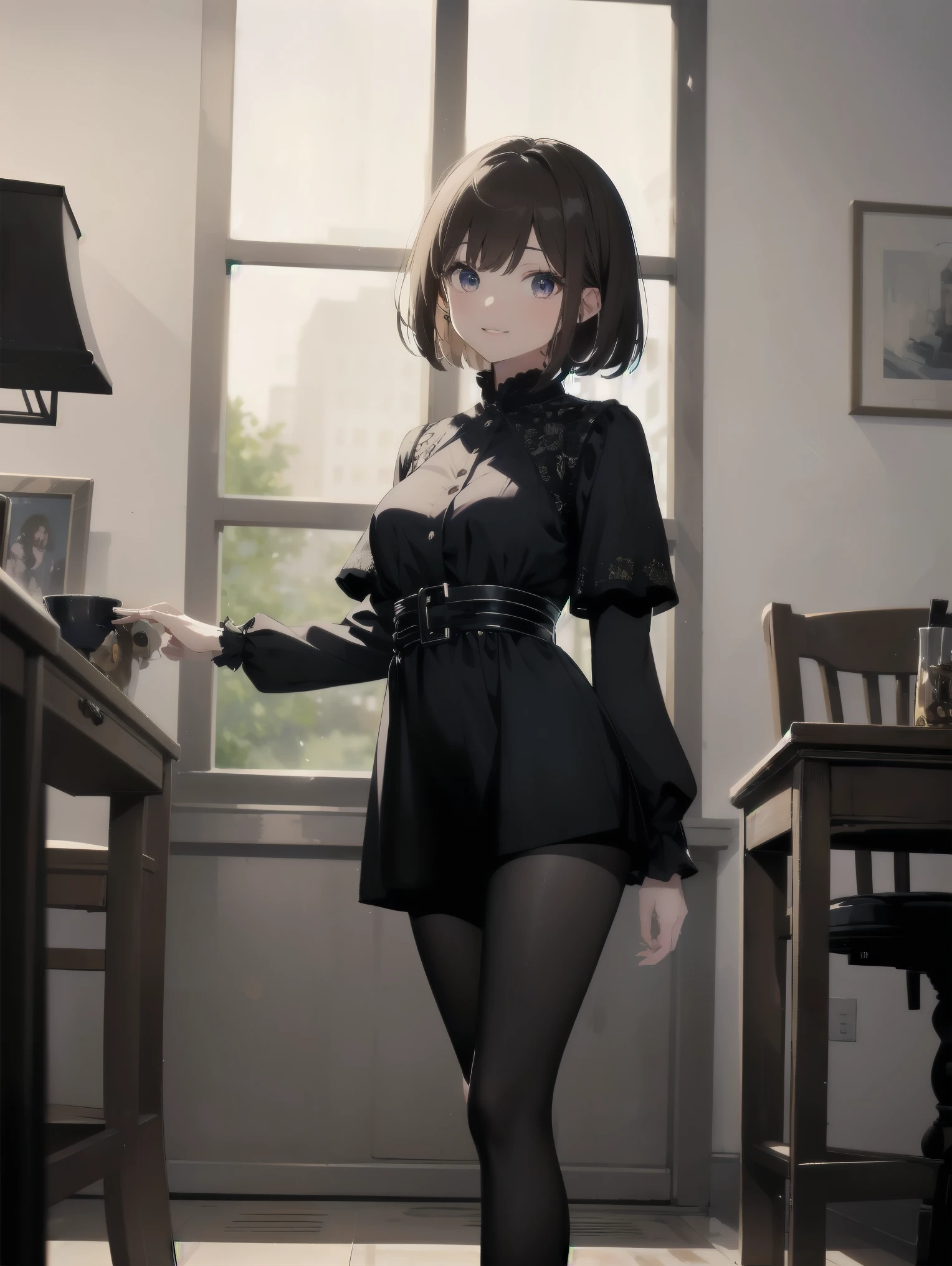 (Ultimate masterpiece), (Superb quality), (Ultra-detailed), High resolution, Ultimate beauty, High saturation, Vivid,.
1 beautiful girl,(Cute girl),(Thighs, black tights),(High heels), Ultra detailed and pretty dress from luxury brand,
Super smile, brown hair, one length bob cut braided, (standing, dynamic pose), (dainty pose, super cute), Marquis' house Zheng, indoor background,
Fashion magazine shoot, professional shading, best illustration of her looking pretty.