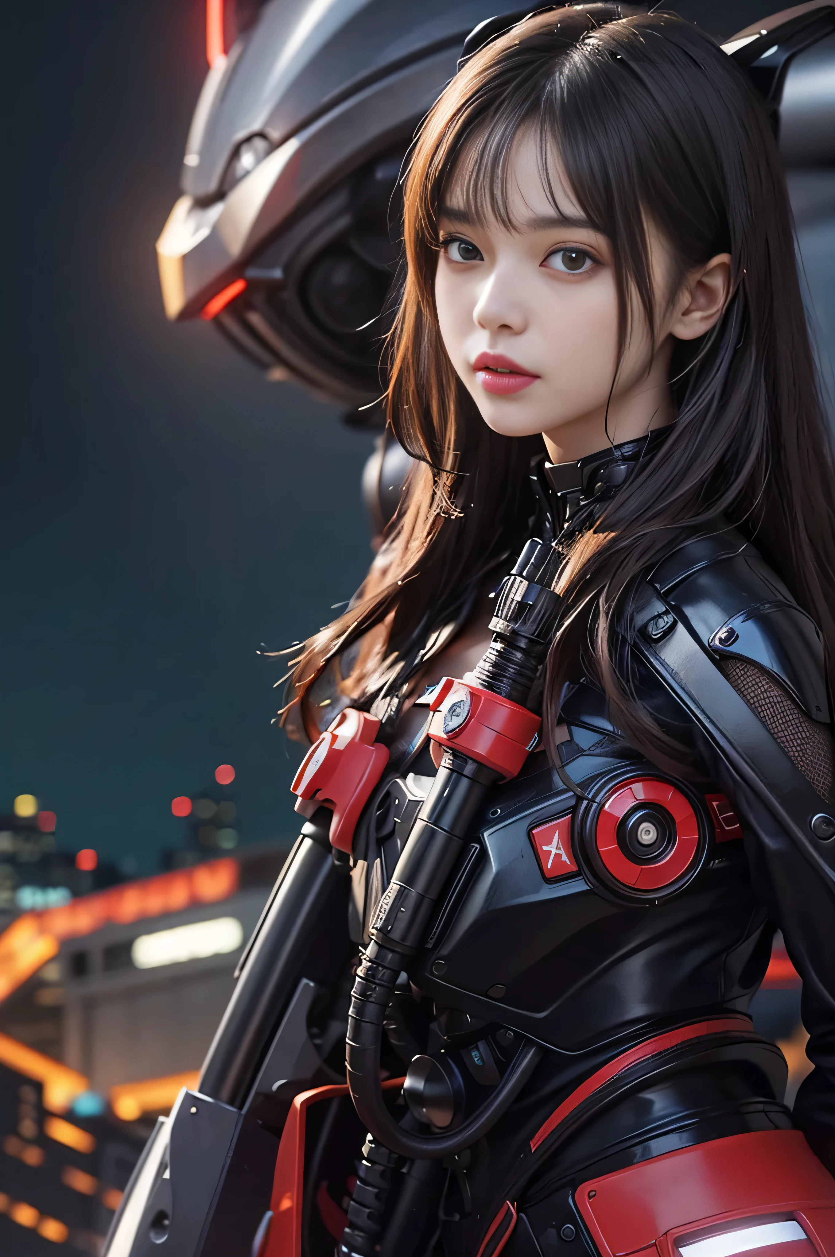 1 Japanese girl, Warframe, complex patterns, Heavy Metals, Energy Line, The Faceless, Glowing eyes, elegant, intense, Blood red and black, Solitary, Modern, City, street, dark clouds, thunderstorm, Heavy rain,, Dramatic Lighting,, (masterpiece:1.2), best quality, high resolution,   Beautiful and detailed, Extremely detailed, Perfect lighting,
