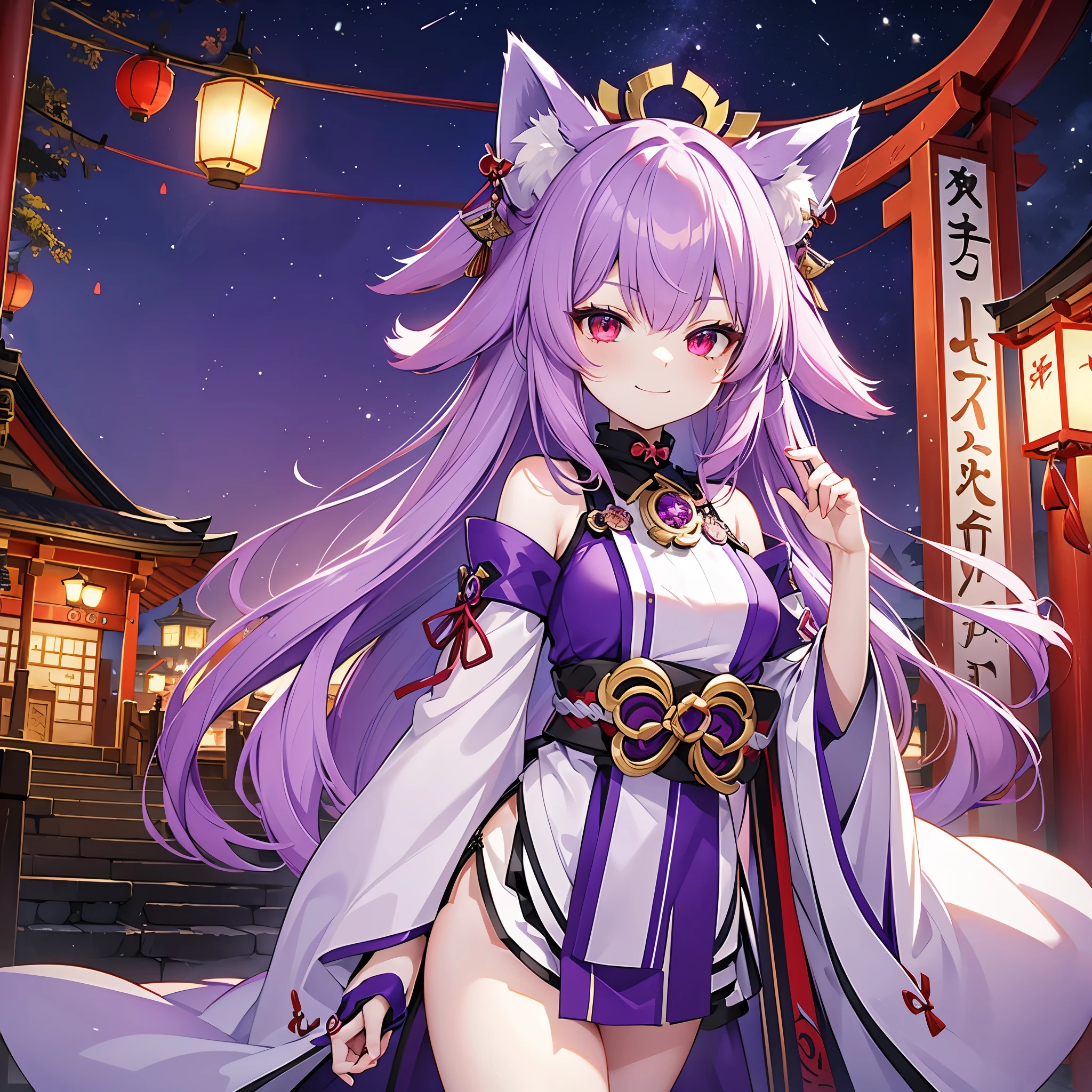 fox maiden, shrine, maiden, purple color fur, miko clothing, fox ears, night, lanterns, purple hair color, , blood red eyes, smirk