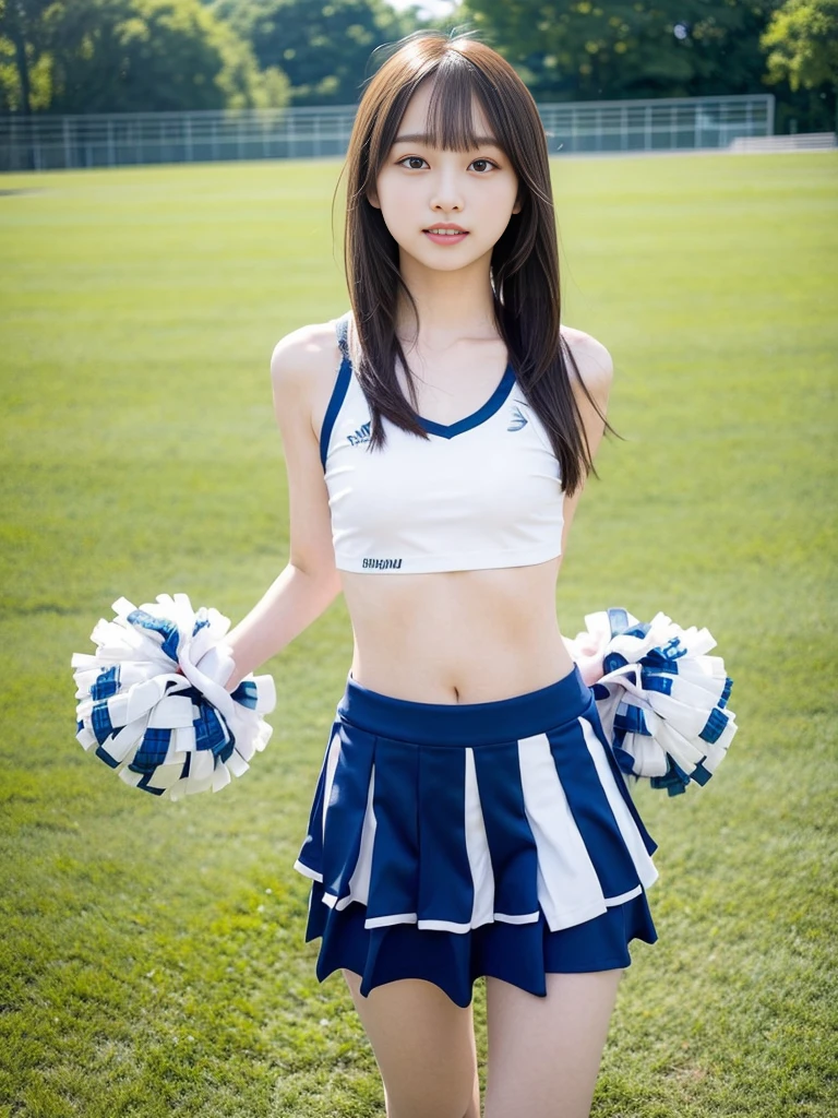 (masterpiece, highest quality:1.4), Award-winning portraits, 8k, 85mm, alone, Beautiful Face, Delicate girl,  (Cheerleader、On the grass), Sophisticated, cute, , RAW Photos, Confused, High resolution, Sharp focus, Background blur、(((Flat  、thin and delicate body、Childish atmosphere)))、shiny semi-long hair、ponytail、Mole on the left cheek、 Dark blue eyes、High Kick、the skirt is swaying in the wind、Hair swaying in the wind、sexy、Flexible legs