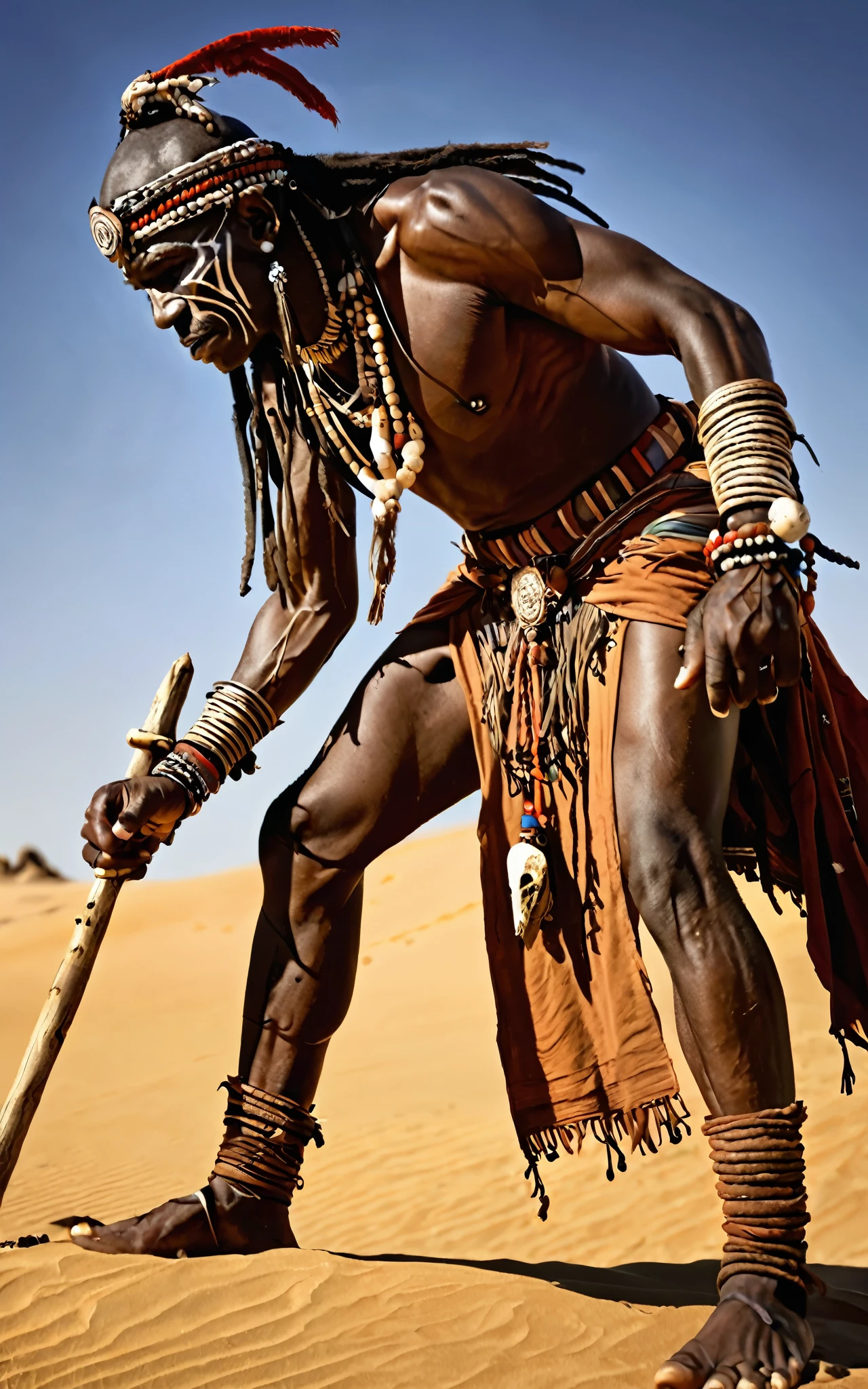 A sorcerer leaning towards the viewer,Side view,Tribal,desert,Voodoo rituals,Ultra HD details