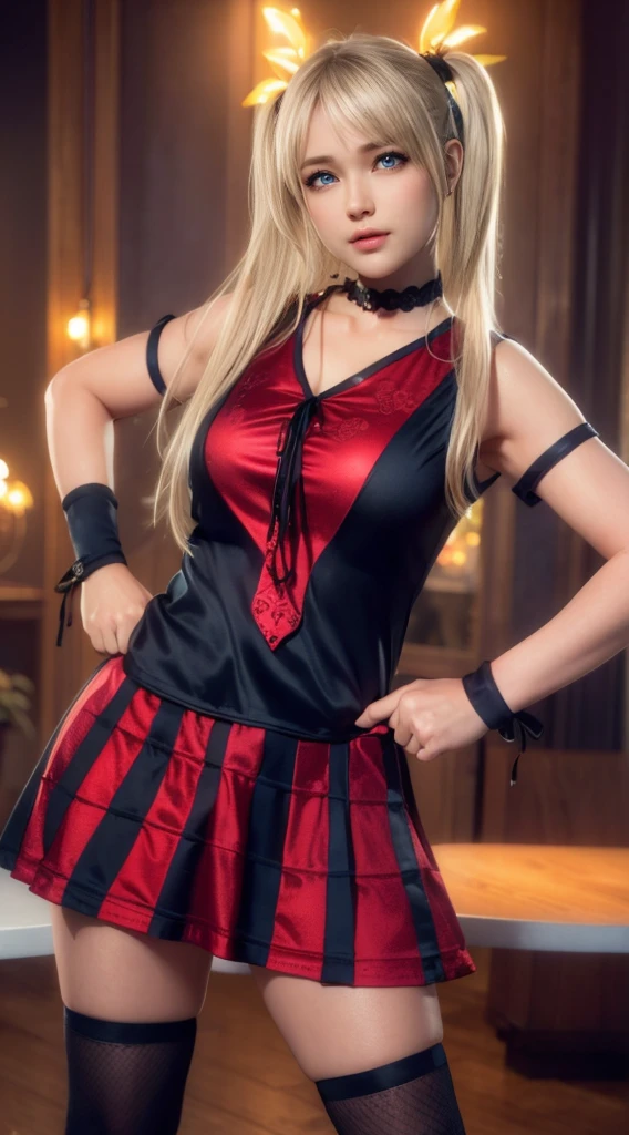 Marie Rose, light blue eyes, (best quality, ultra-detailed), (realistic:1.37), beautiful and detailed face, ultra-realistic texture, delicate face, delicate body, red lipstick, bright colors. High definition, 8k. athletic body