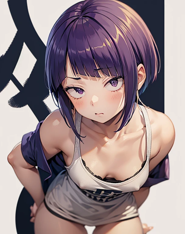 Kyoka Jiro, One girl, alone, chest, blush, short hair, bangs, Simple Background, shirt, White Background, Mouth closed, Purple eyes, clavicle, Lower Body,Purple Hair, Short sleeve, blunt bangs, avert your eyes, t-shirt, pink shirt, Long earlobes、tits