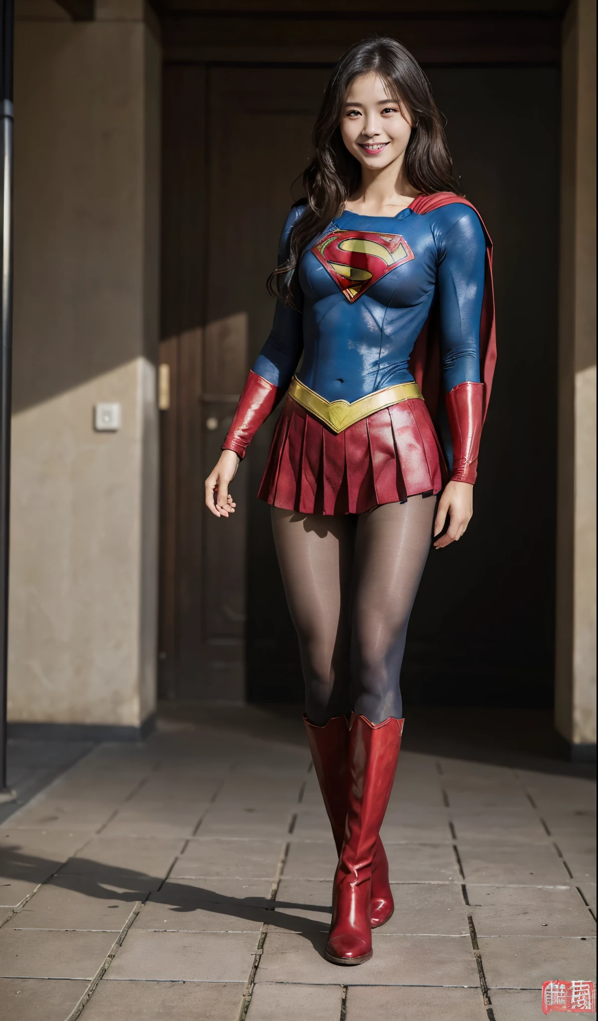 No background、(((Beautiful legs in black tights.)))、(((Legally express the beauty of your smile)))、((((Make the most of your original images)))、(((Supergirl Costume)))、(((Beautiful Hair)))、(((Smiling and winking)))、(((Please wear black tights....、Wear red boots)))、((Best image quality、8k))、((highest quality、8k、masterpiece:1.3))、(((Preserve background )))、Sharp focus:1.2、Beautiful woman with perfect figure:1.4、Slim Abs:1.2、Wet body:1.5、Highly detailed face and skin texture、8k