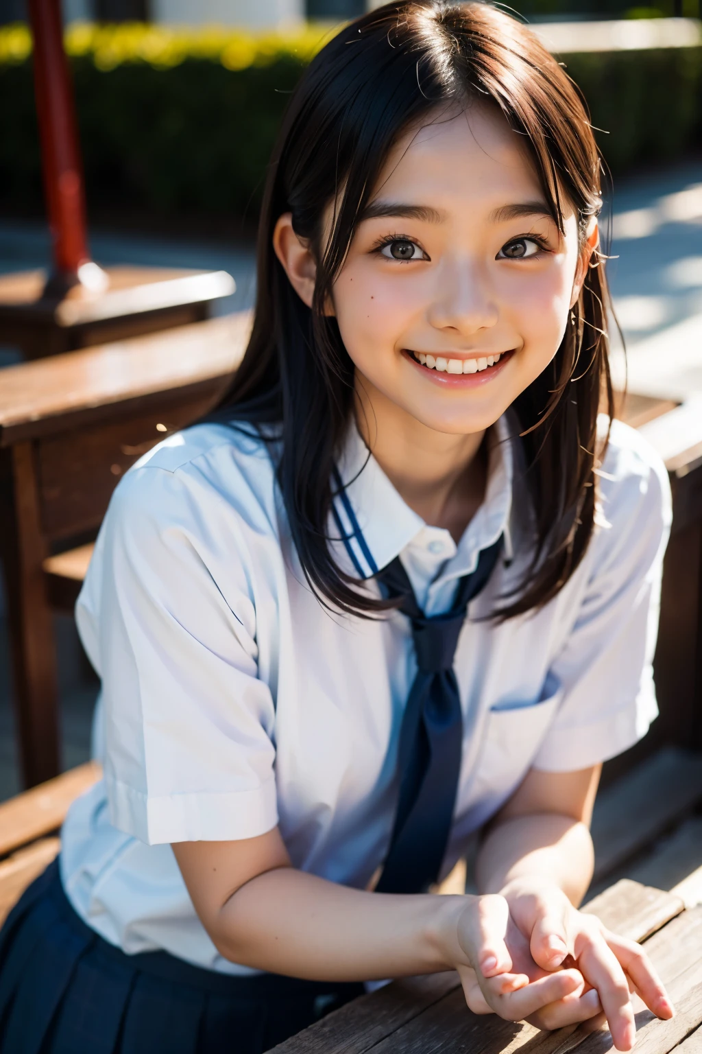 lens: 135mm f1.8, (highest quality),(RAW Photos), (Tabletop:1.1), (Beautiful 18 year old Japan girl), Cute face, (Deeply chiseled face:0.7), (freckles:0.4), dappled sunlight, Dramatic lighting, (Japanese School Uniform), (On campus), shy, (Close-up shot:1.2), (smile),, (Sparkling eyes)、(sunlight)