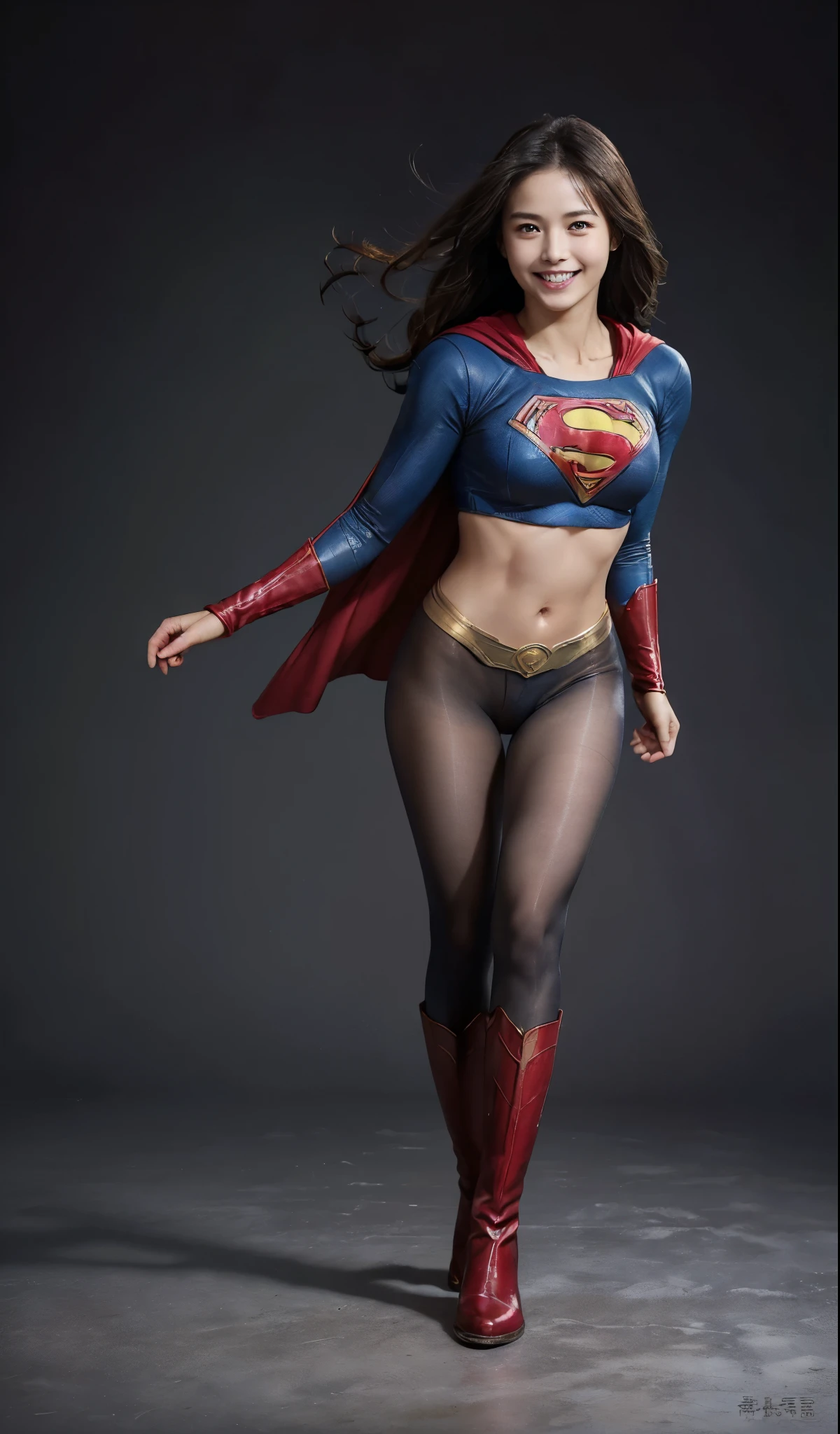 No background、(((Beautiful legs in black tights.)))、(((Legally express the beauty of your smile)))、((((Make the most of your original images)))、(((Supergirl Costume)))、(((Beautiful Hair)))、(((Smiling and winking)))、(((Please wear black tights....、Wear red boots)))、((Best image quality、8k))、((highest quality、8k、masterpiece:1.3))、(((Preserve background )))、Sharp focus:1.2、Beautiful woman with perfect figure:1.4、Slim Abs:1.2、Wet body:1.5、Highly detailed face and skin texture、8k