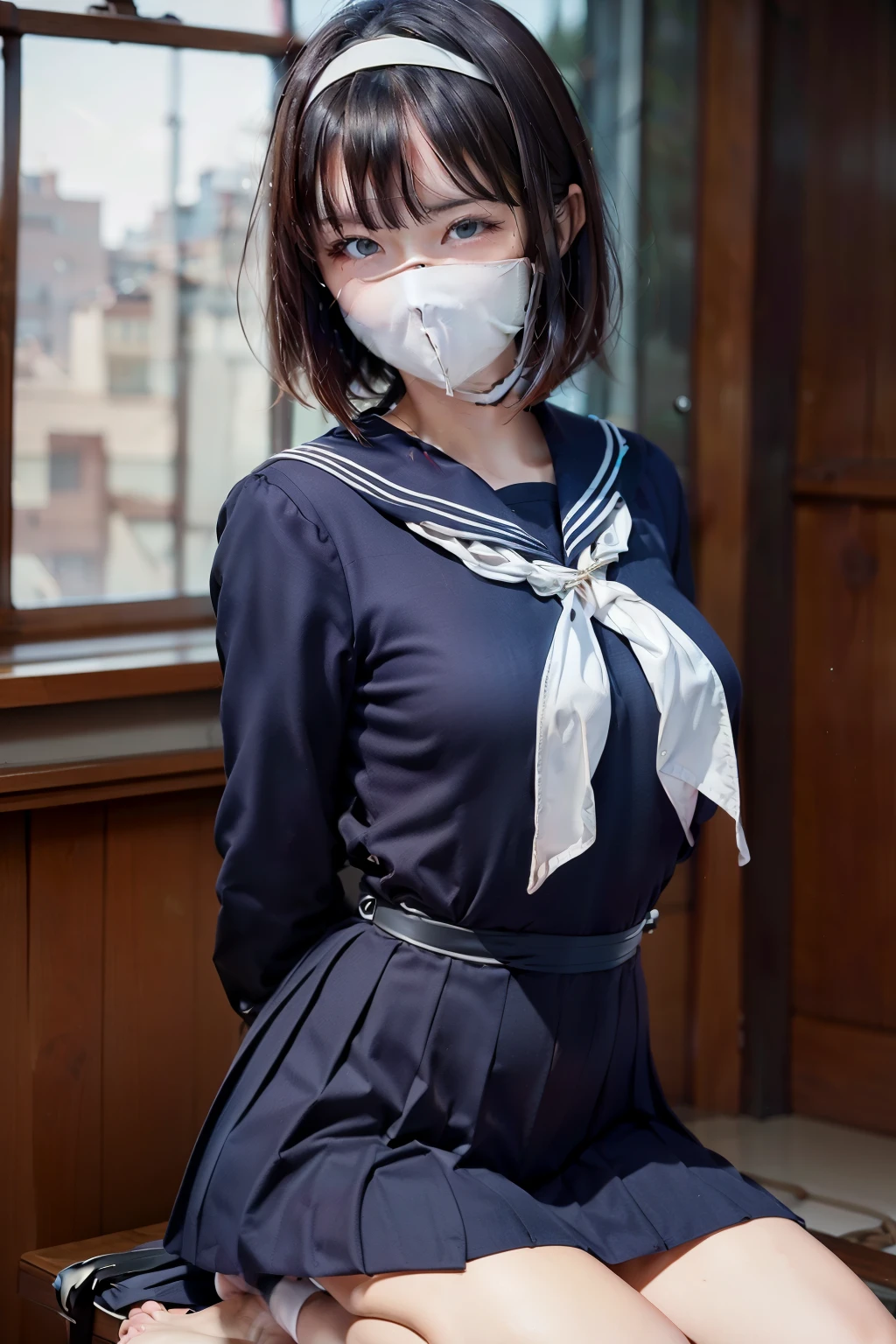 sailor uniform, otn, (Highly detailed CG Unity 8k), (highest quality)，(Very detailed)，(Ultra-high resolution), 1 Female, uniform, ((Sailor suit)), ((rope bondage)), breasts tied, hands back tied, leg tied, thigh tied, bust tied, feet tied, ((Wrists tied behind back)), Ankle binding, White cloth gag, Navy Blue Skirt, Black Hair, Bobcut, BDSM, Bust Shot, ((White headband)),