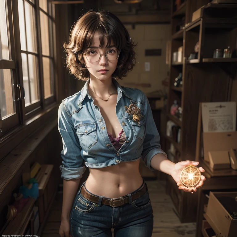 neo-(a photoreal- Keyshot- Cowboy-Beebop anime illustration-ist's interpretation of)- A shy and timid girl in glasses who gains confidence and courage after being granted magical powers and sets out on a quest to save her world from an evil overlord.