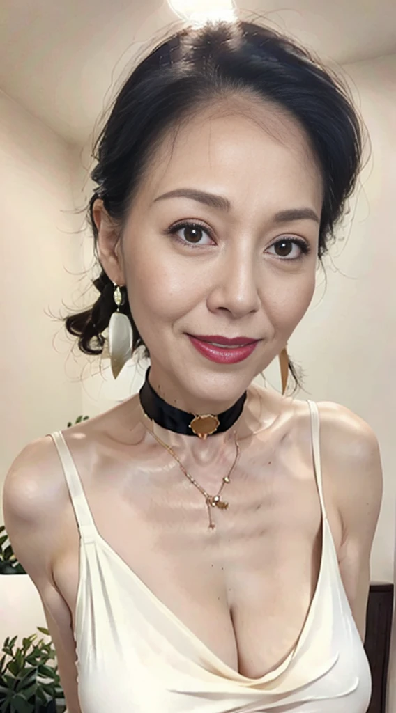 1 Chineae Mature , sexy , 55 years ,, seductive smile , woman , seductive , athletic , tall , hourglass , busty , perky natural breasts , perfect breasts , fit body , hazel eyes , full lips , gorgeous face , radiant complexion face , narrow-oval , long wavy tresses , grey , gothic , rebellious , beautiful , united states , sexy pose , realism , full body , sexy , cleavage , choker , earrings
