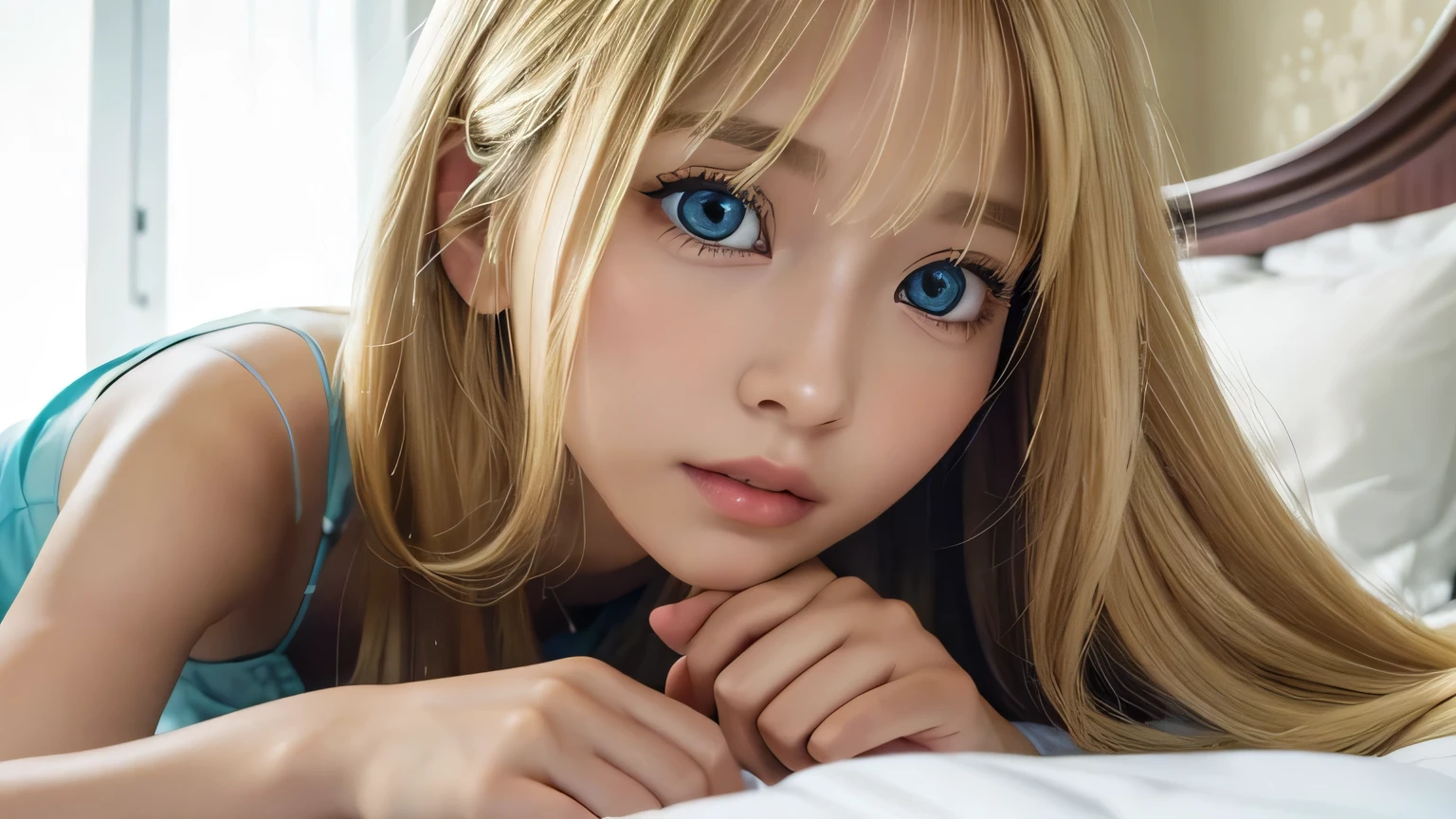 A very white and beautiful 20 year old blonde girl、masterpiece, highest quality, figure, Ultra-fine detail, Natural platinum blonde with a natural shine、Super long straight silky hair、Super long Rapunzel hair、Hair tangled all over the body、Messy bangs on the eyes,、Face-covering bangs、bangs、High resolution, 8K TV Wallpaper, Perfect dynamic composition, Beautifully detailed large light blue eyes , Very big eyes、of hotel(bed)、Small Face Beauty、Round face、On all fours、double eyelid