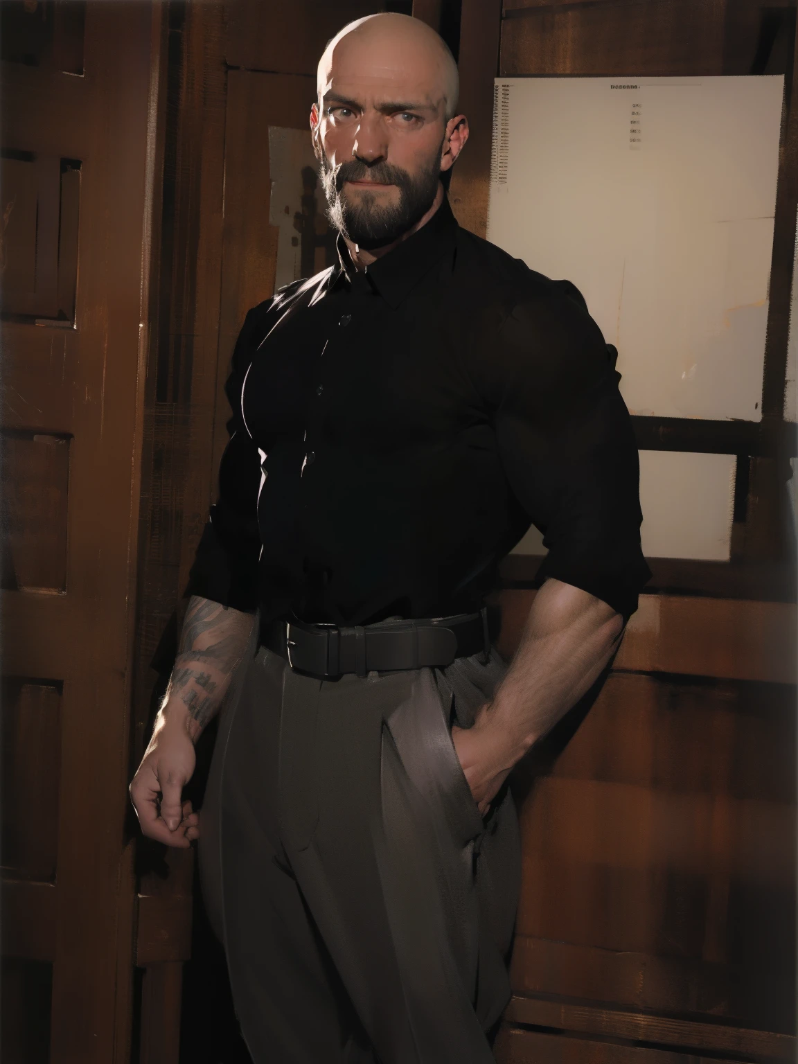 tall bald handsome man with beard, daddy, dark tattoos, lean fit body, black shirt, 30yo, dynamic lighting, lean body, black button up shirt, black belt, silver emblem on shirt, character sheet, full body shot