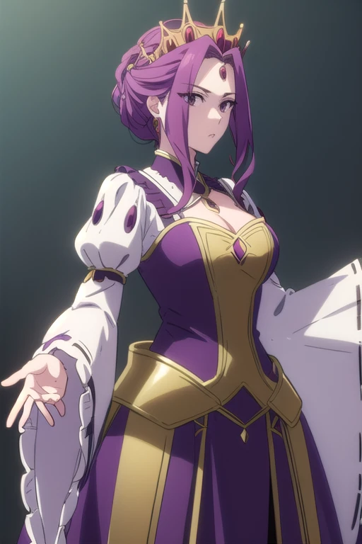 Mirelia Kmerlomark, Mirelia Q. Melromarc, Purple Hair, (Purple eyes:1.1),
break long sleeves, dress, jewelry, Frills, Puffy sleeves, Wide sleeves, Crown, purple dress,
deep gray background, (Big Breasts),
break looking at viewer, (Cowboy Shot:1.5),
break (masterpiece:1.2), highest quality, High resolution, (figure:0.8), (Beautiful fine details:1.6), Highly detailed face, Perfect lighting, Highly detailed CG, (Perfect hands, Perfect Anatomy),