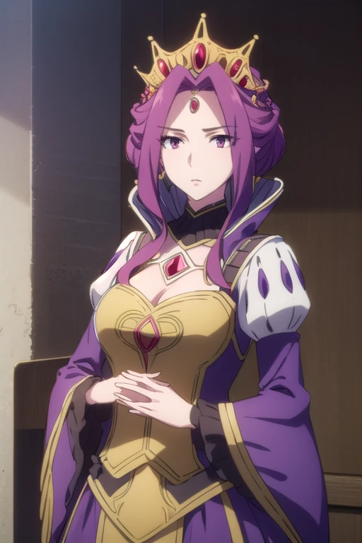 Mirelia Kmerlomark, Mirelia Q. Melromarc, Purple Hair, (Purple eyes:1.1),
break long sleeves, dress, jewelry, Frills, Puffy sleeves, Wide sleeves, Crown, purple dress,
deep gray background, (Big Breasts),
break looking at viewer, (Cowboy Shot:1.5),
break (masterpiece:1.2), highest quality, High resolution, (figure:0.8), (Beautiful fine details:1.6), Highly detailed face, Perfect lighting, Highly detailed CG, (Perfect hands, Perfect Anatomy),