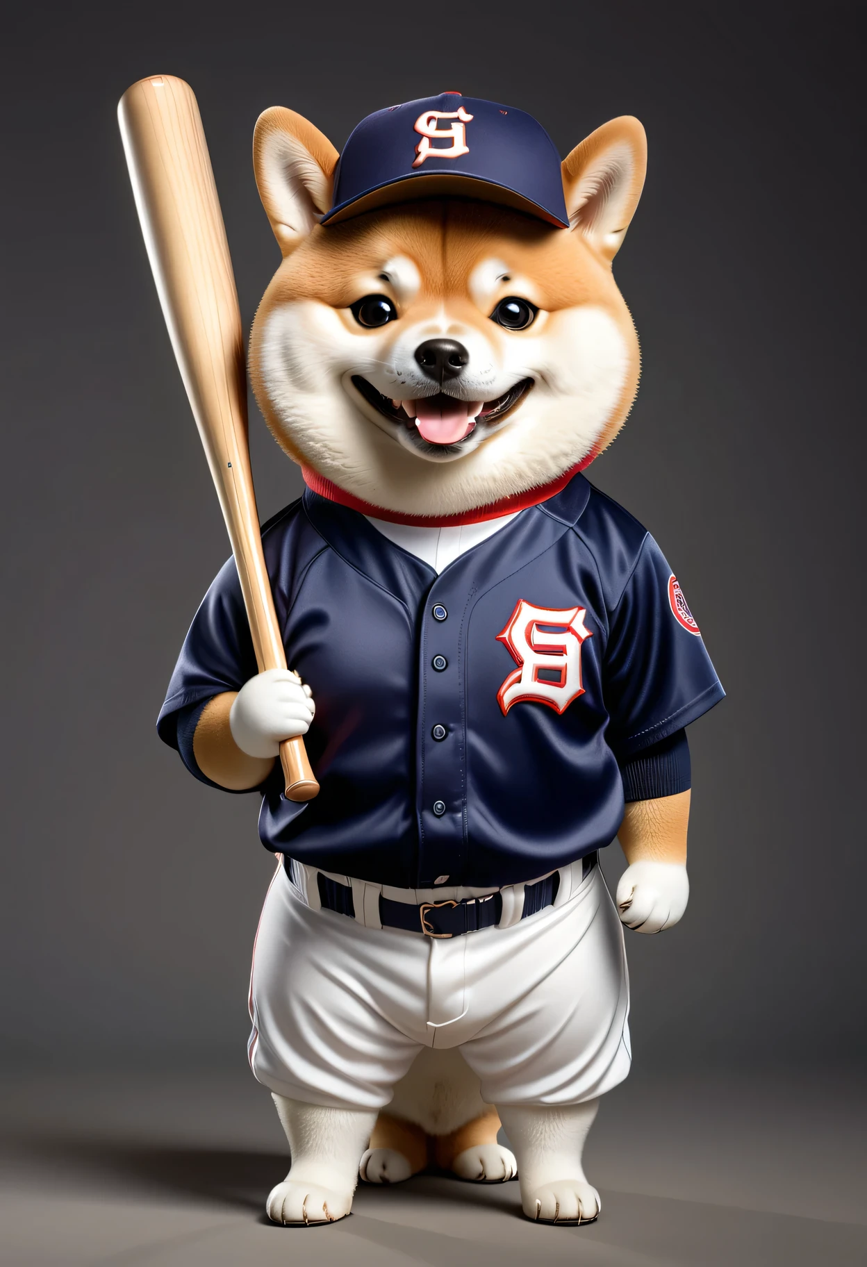 photorealistic portrait of Dressed animals - a ((fat)) Shiba inu Baseball player,(holing bat:1.5),(happy smile),(), high quality,(lovely) ,intricate details, highly detailed (baseball uniform )),baseball cap,, (happy), studio lighting,(full body image:2.0)