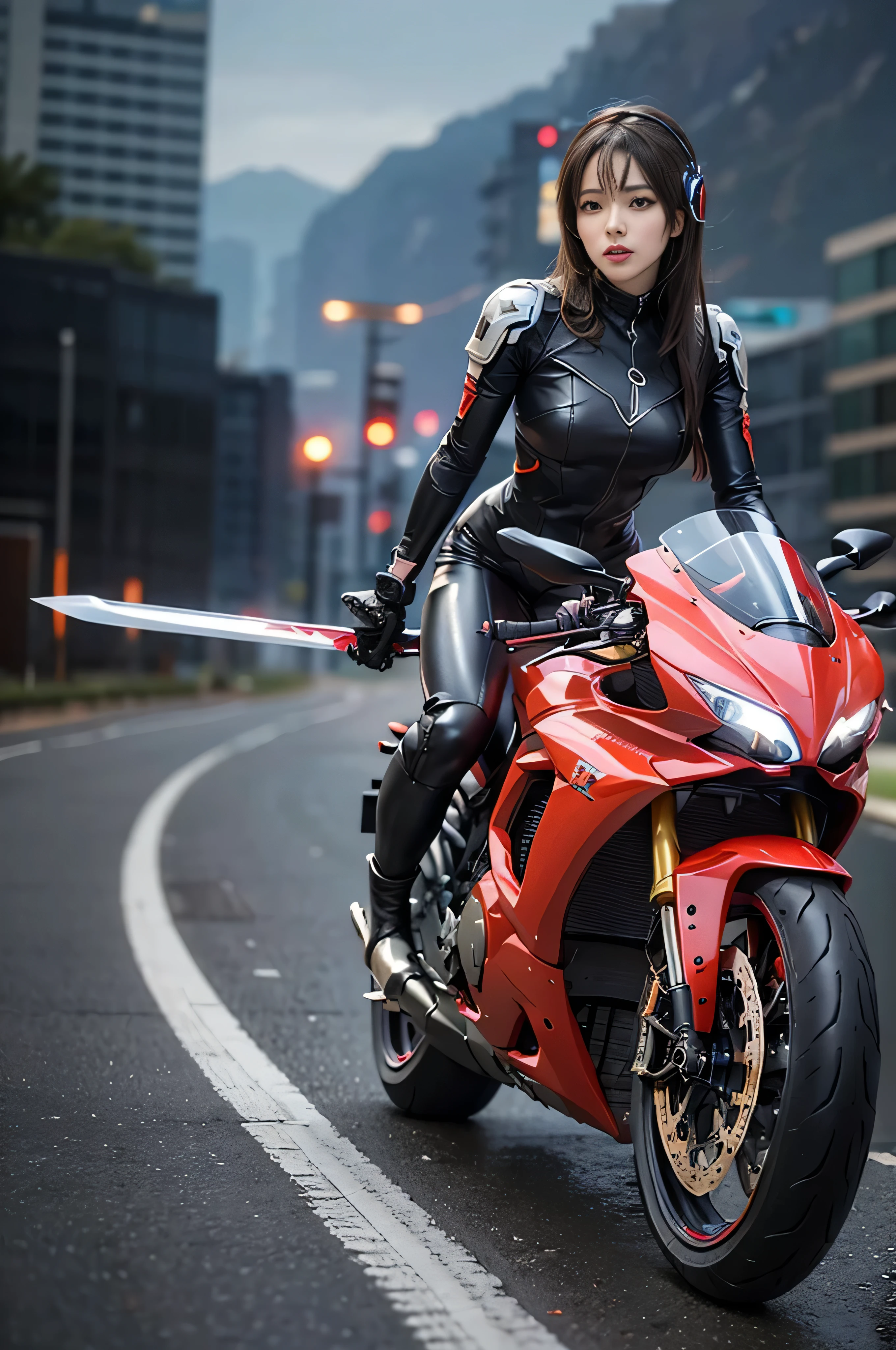(RAW quality:1.4), masterpiece, highest quality, High resolution, dark_Fantasy, cyber punk, (Sword Weapons,red:1.1),1 person, Japanese women, , mechanical,Robotic presence,Cybernetic Guardian, darkness, Night city background, at night, cyber punk mecha humanoid black and red is riding a futuristic Ducati Panigale V4 race motorcycle on a mountain road at night, Realistic Style, Inspired by Blade Runner, Dark and dramatic lighting, Red and Black Theme, Central curve composition, Rear view. (An ultra-fine masterpiece:1.5), (beautifuly intricate:1.5), (highest quality:1.5), (beautiful + beautiful + Harmonious:1.5), (Highly detailed face, Ultra-detailed eyes, Highly detailed mouth, Super-detailed body, Very fine needles, Very elaborate clothing, Ultra-detailed landscapes:1.5), (Sharpen details:1.2), Blurred Background, Shallow subject depth,