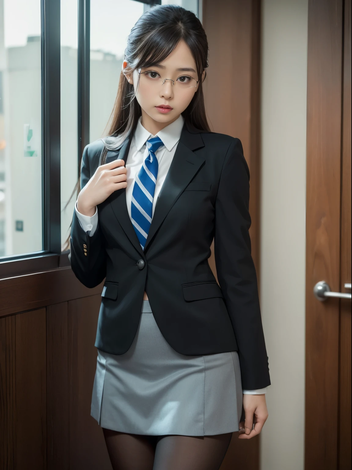 alone、solo、OL in her 20s in office uniform posing for a photo、(Black Pantyhose)、(Half Up),victory、Tsundere、Single knot、OL、suit、blue mini skirt、anger、small、Glasses、slim girl model photo、physical:the smallest middle-aged man in history、female model、Japanese female fashion model、(8k、RAW photo、highest quality、masterpiece:1.2)、(real、photorealistic:1.37)、Super detailed、Ultra high definition、office Street、 standing position、whole body、((((SEXY)))