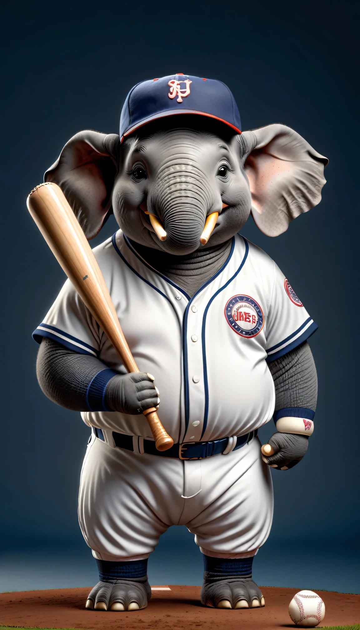 photorealistic portrait of Dressed animals - a ((fat)) elephant Baseball player,(holing bat:1.5),(happy smile),(), high quality,(lovely) ,intricate details, highly detailed (baseball uniform )),baseball cap,, (happy), studio lighting,(full body image:2.0)