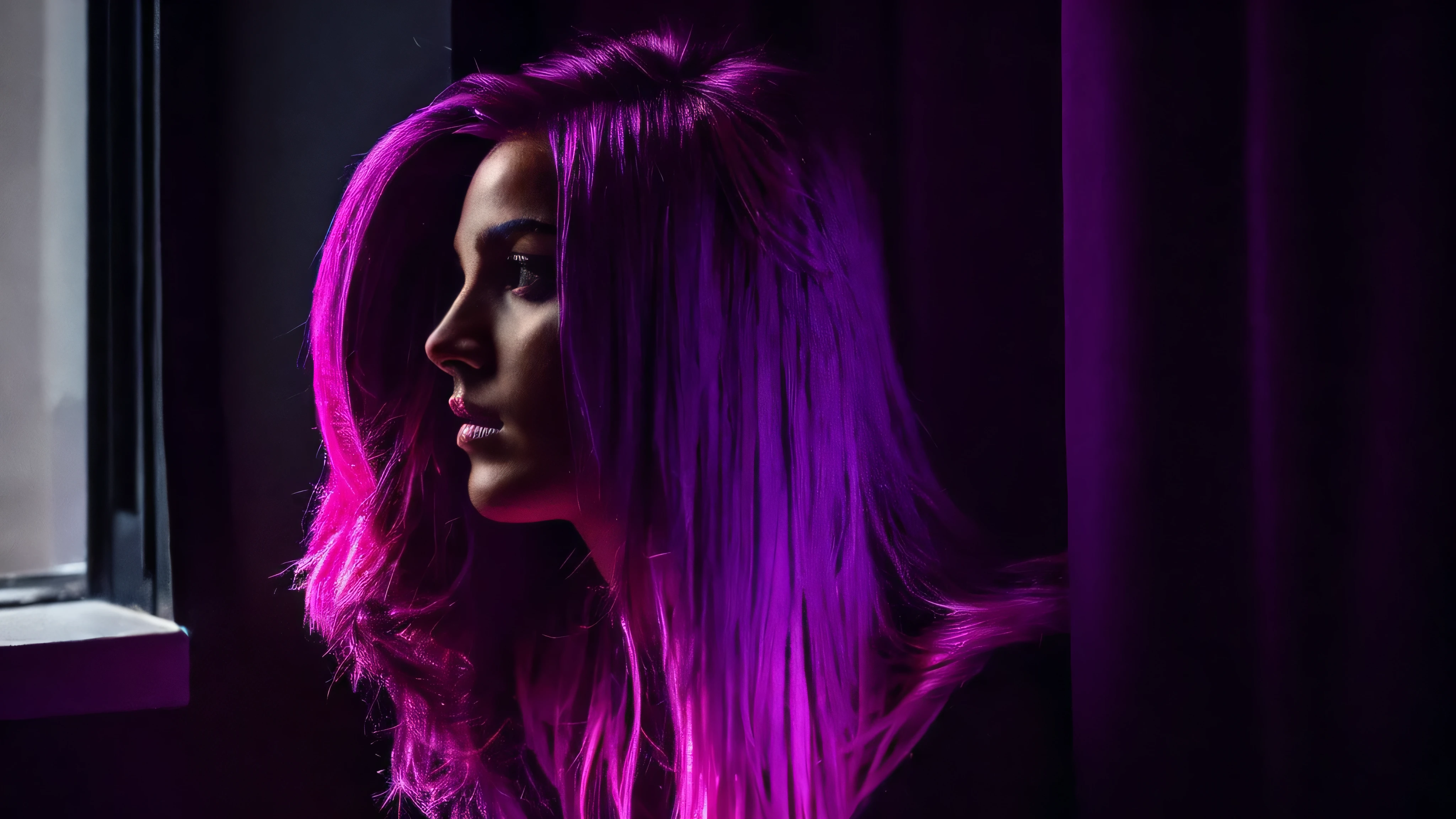 Create a very dark purple scene. A gorgeous woman sitting in the dark by a window. Her hair is glowing pink and purple and gold, illuminating the scene.