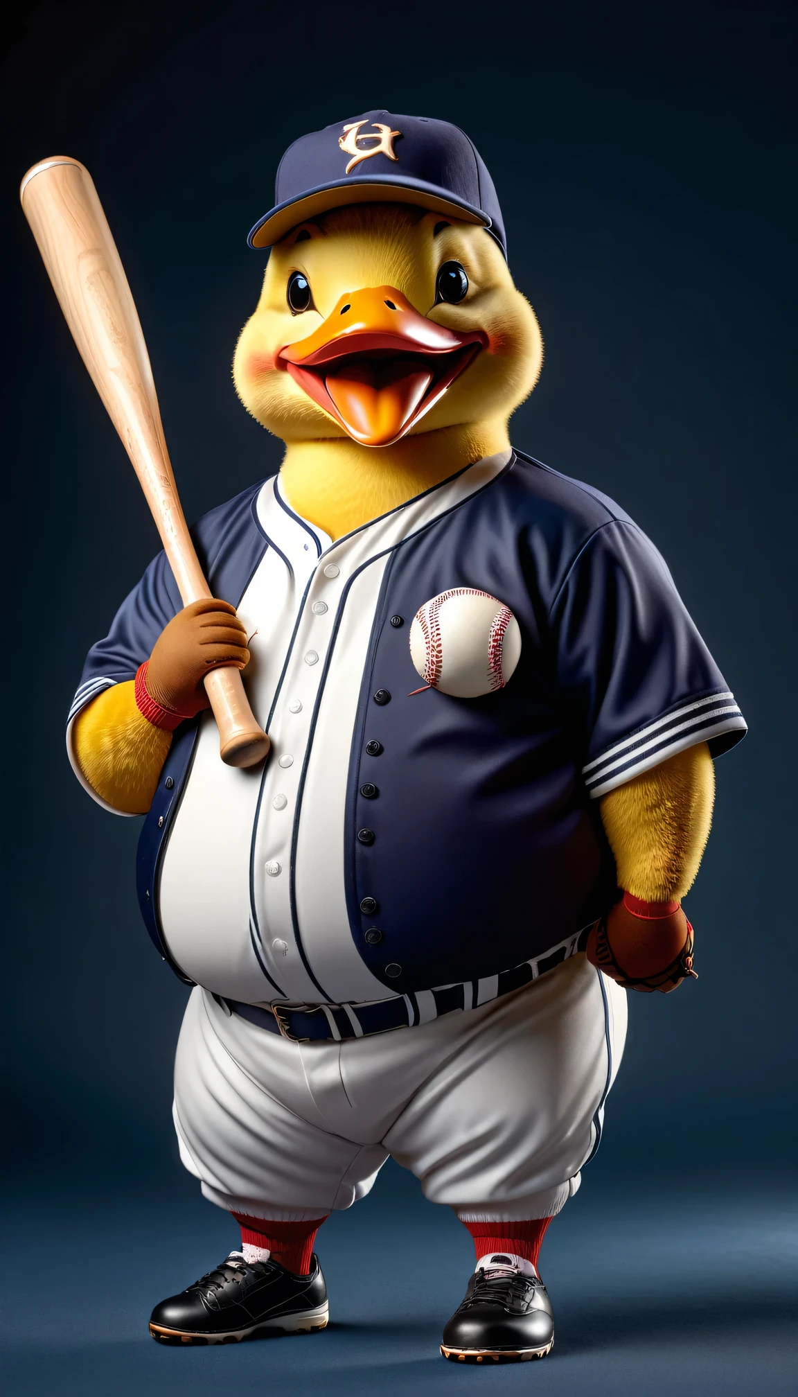 photorealistic portrait of Dressed animals - a ((fat)) duck Baseball player,(holing bat:1.5),(happy smile),(), high quality,(lovely) ,intricate details, highly detailed (baseball uniform )),baseball cap,, (happy), studio lighting,(full body image:2.0)