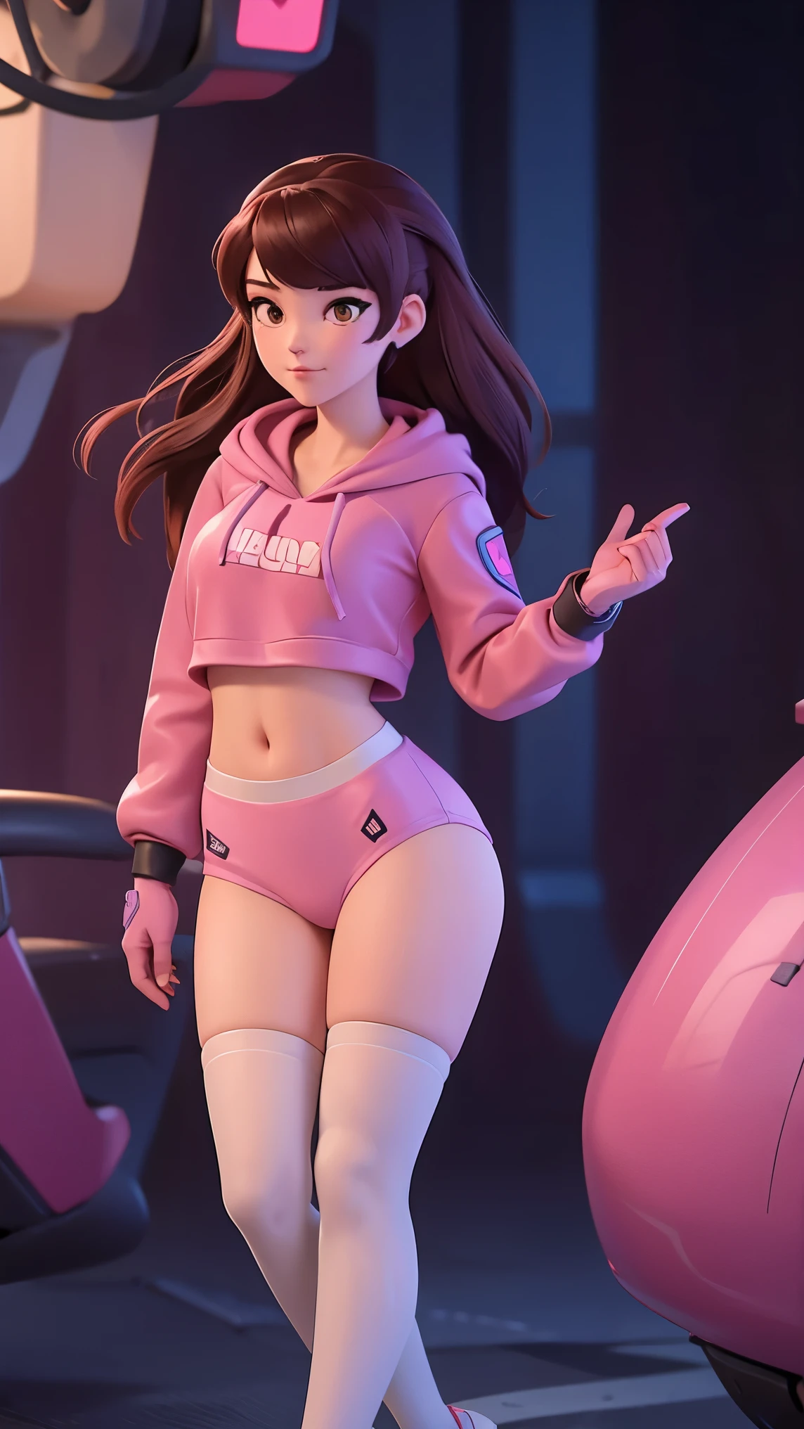 Masterpiece, Best Quality, High Resolution, 1Girl, Ultra High Resolution, Solo D.VA, Headphones, Pink eyes, Brown Hair, White Gloves, Face Decoration, looking at viewer, Full Body Shot, Cute, Realistic, Cute Pose, Perfect Body, Cyber Punk background, wet street, Crop Top Hoodie, Latex panties, open legs, sexy pose, cameltoe, nsfw