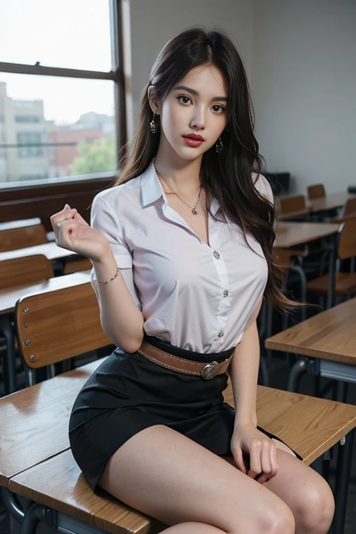 (8k, high resolution, masterpiece, best quality, alone, intricate details, chromatic aberration), realistic, ((medium breath)), hair in one eye, purple eyes, big hoop earrings, sharp eyes, diamond choker, red gemstone necklace, (symmetrical eyes), (perfectly symmetrical body), photo of a beautiful 21 year old age girl.., (fit body) , ,Beautiful and charming with contemporary fashion drawings as well......, looking at the audience ((behind the large classroom)) (black short skirt) (( the girl wears a white short-sleeved, form-fitting shirt... Unbuttoning the buttons, revealing a bit of the chest..)) ((short black pencil skirt with deep slits on the side....)), belt, ((putting hands down)), bob hair, long hair, side bangs, blonde hair. Copper blonde, sitting, sharp eyeliner, blush eyeshadow with thick eyelashes, very delicate and beautiful, round chin, sharp focus, elegant, sitting full of study table. Turn your head with your legs open to eye level. Open your legs. Lift your right leg over your left leg. Let your legs naturally rest at eye level. With the legs slightly apart, dynamic pose, mahalaiuniform.