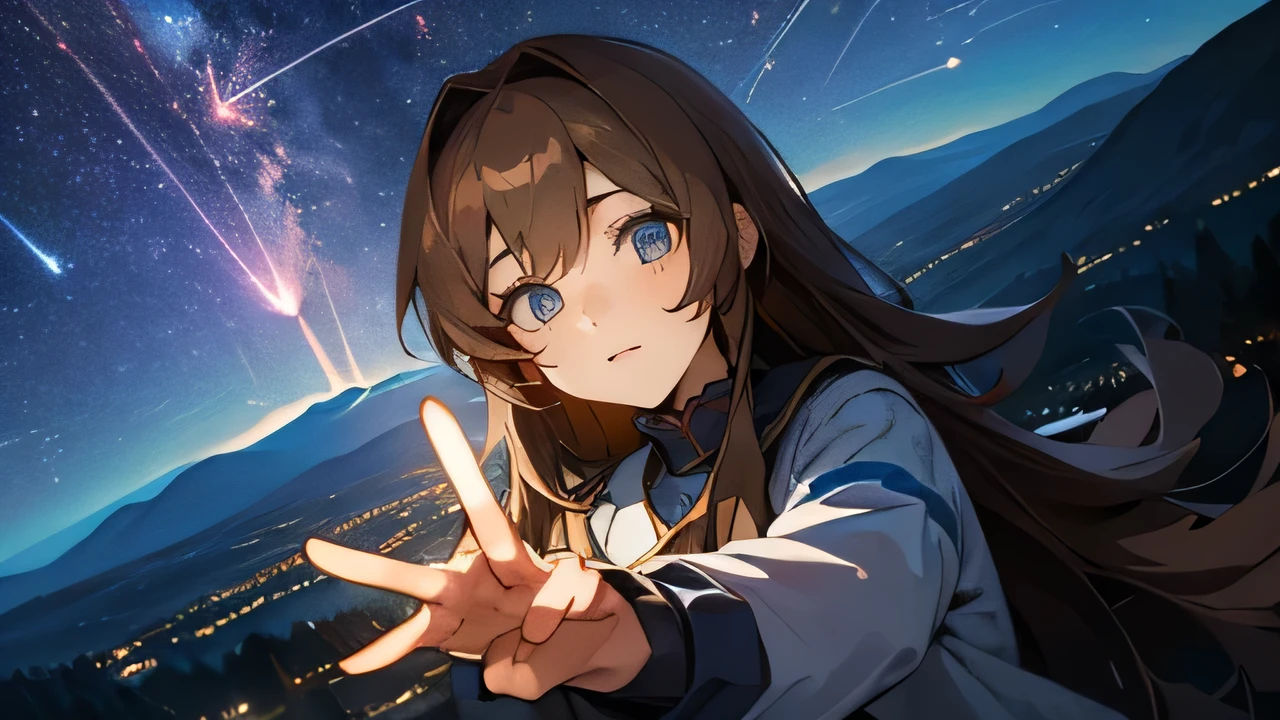 night，Starry Sky，Meteor Showers，Mountaintop Observatory，First-person perspective，The protagonist extends his right hand，A girl with long brown hair，The two fingers interlocked，Girl&#39;s shy expression