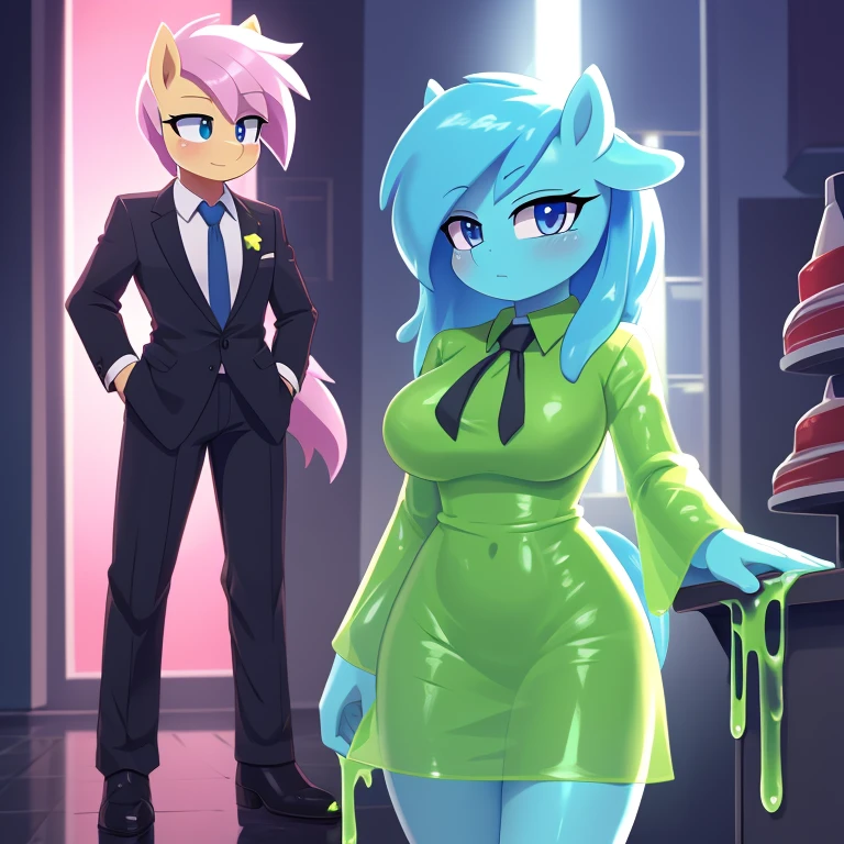 pony, rating_safe, score_9, an adult slime girl, (((adult))), slime girl like, anime pony  that looks like slime, clothing, wearing clothing, suit, professional suit, suit dress, suit that looks like dress, high quality, detailed