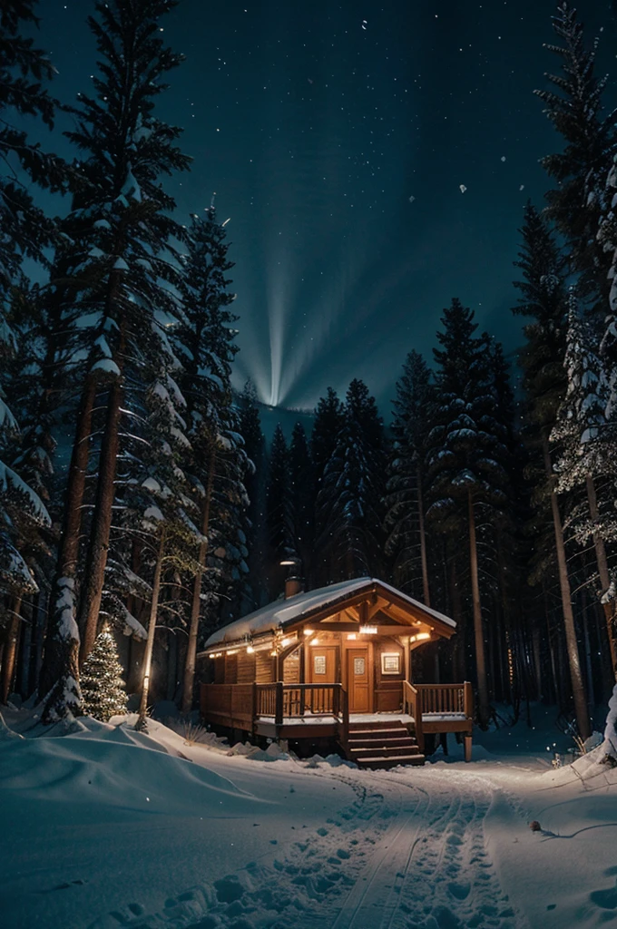 Image of falling snow on an illuminated chalet in the middle of a fir forest 