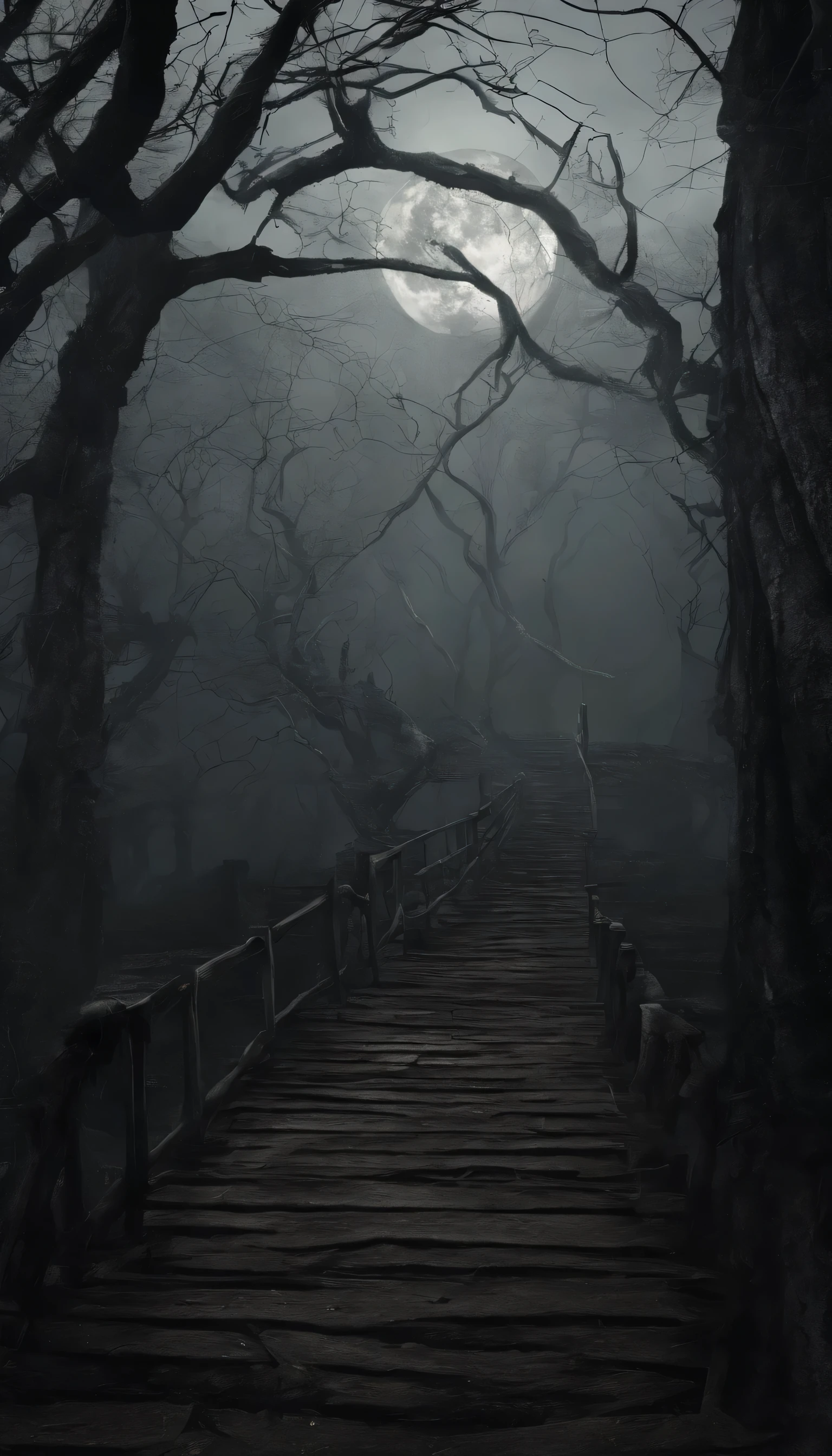 (best quality,4k,highres:1.2),ultra-detailed,(realistic,photorealistic:1.37),HDR,studio lighting,extreme detail description,dark, mysterious,foreboding,haunting,evil presence,creepy atmosphere,thick trees, dense vegetation,fog,shadows,moss-covered ground,ancient trees with twisted branches,overgrown vines,cobwebs,dilapidated wooden bridge,crumbling stone statues,whispering voices,ominous sounds,luminous eyes in the darkness,mysterious figures lurking,streaks of moonlight piercing through the canopy of trees,unsettling silence,hushed footsteps,echoing laughs,distant howling,ominous presence,ghostly presence,ancient ruins,cracked stone walls,strong aura of mystery,sense of imminent danger,horror movie aesthetics,hauntingly beautiful,horror story setting