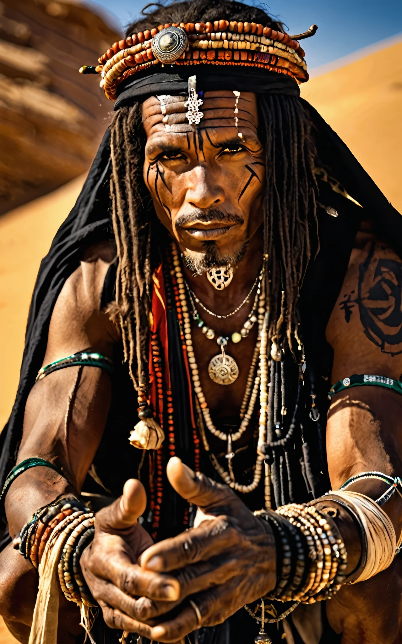 A sorcerer leaning towards the viewer,Photo from below,Tribal,desert,Voodoo rituals,Ultra HD details