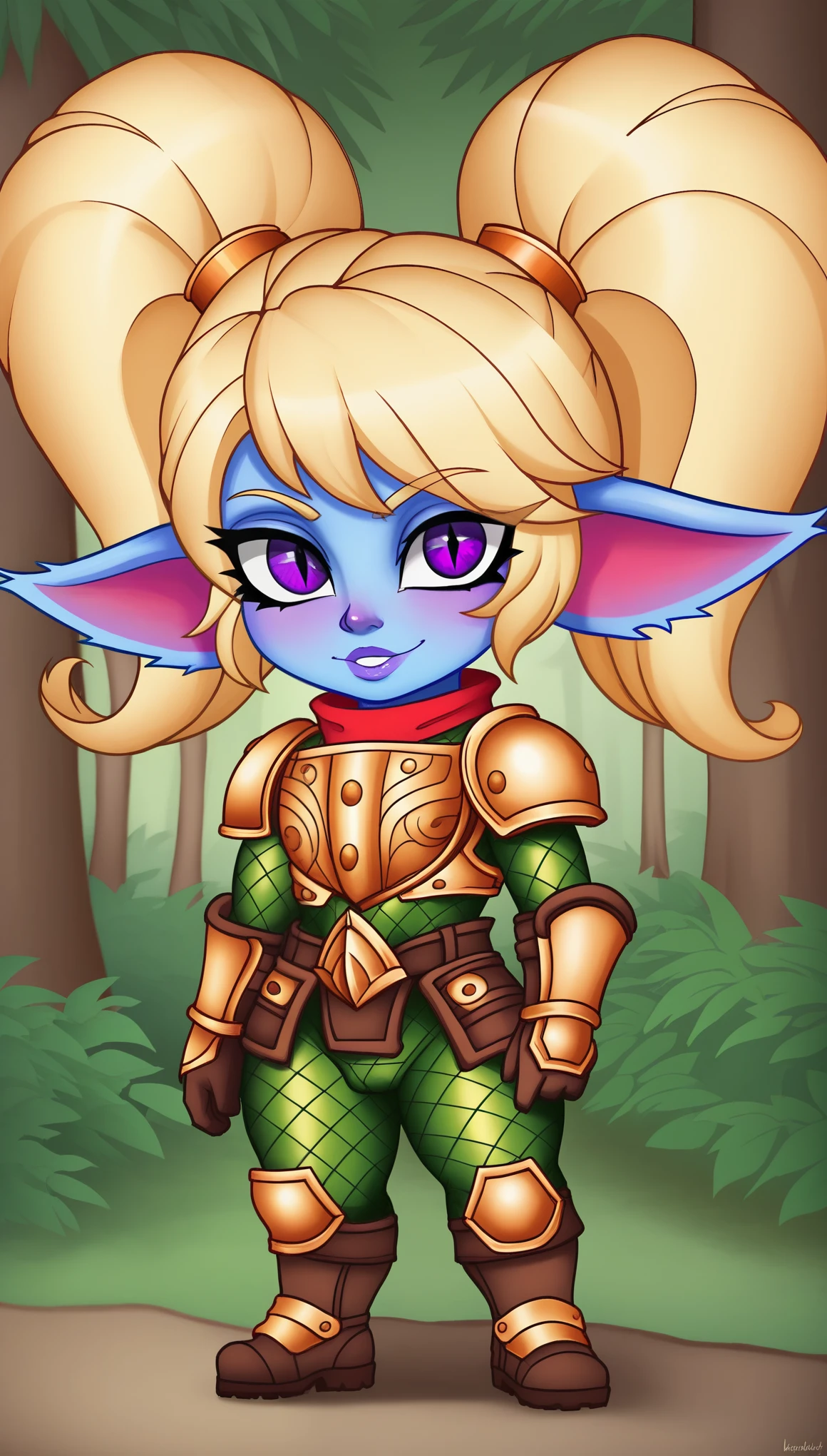 PoppyLoLXL, yordle, shortstack, purple eyes, blonde hair, twintails, blue skin, colored skin, golden armor,green snakeskin shirt, green snakeskin pants, brown boots, standing, looking at viewer, solo, forest, tree