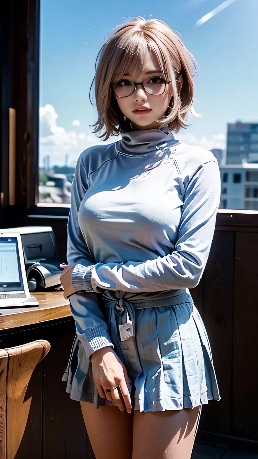 (Realistic、Like a photograph、Live Action、8k, Photorealistic, RAW Photos, Best image quality: 1.4), Single-lens reflex camera、RAW Photos, highest quality, Realistic, Highly detailed CG Unity 8k wallpaper, Written boundary depth, Cinematic Light, Lens flare, Ray Tracing, Realistic background、(Wearing glasses、tight turtleneck long sleeve knit:1.4、Pleated skirt:1.1、Accentuate your breasts:1.37、Big Breasts)、((Upward glance))、((Ultra-dense skin))、 1 female,Cute Japanese Woman、Japanese office lady at work、((whole body:1.5)，View the computer:1.1、short hair:1.2、Pink inner color hair、Tie your hair with a hair clip、I like that style、Stylish、Very detailed、Pay attention to the details、The perfect outfit、(Sunburned skin)、Beautiful legs:1.1，Are standing、View from below