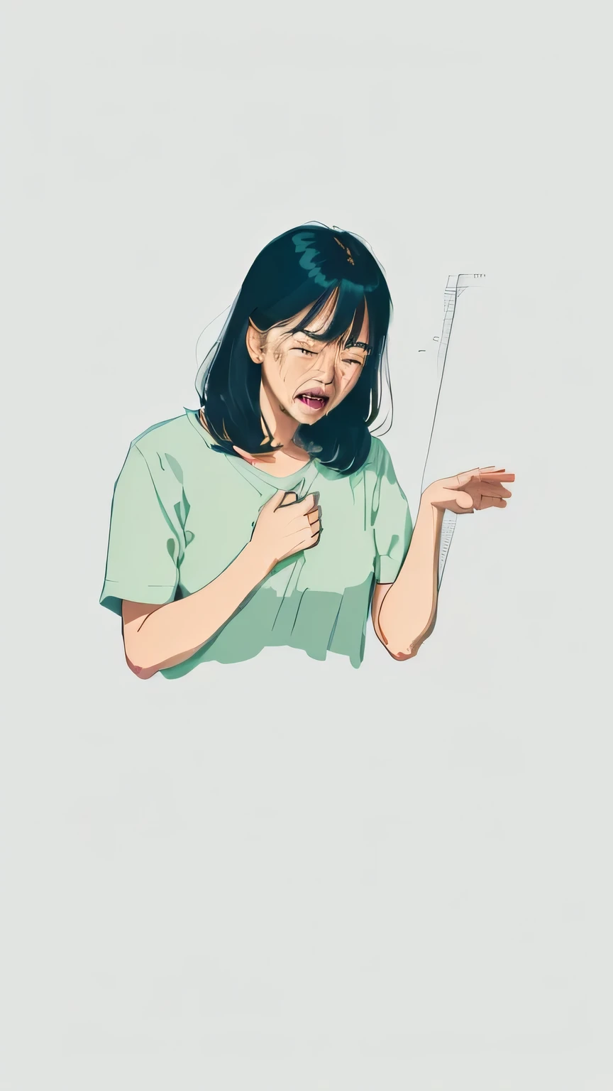 Close-up of a middle-aged Asian woman crying, Hand drawn illustration, Woman crying, Crying and stretching out arms, feeling of disgust, cough, disgust. Fear stimulates emotions, Cartoon Style, Simple illustration, very sad emotion, Solid color background, Light background, Vector line-art style, With a hurt expression, Rough Vector Line Art