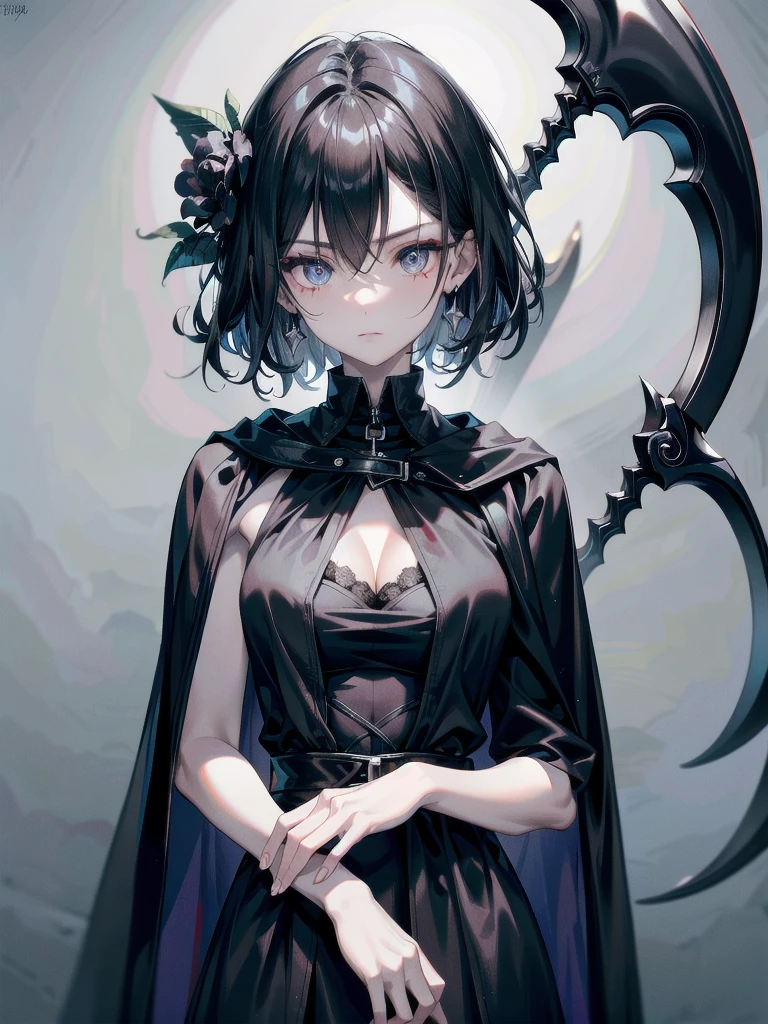 whole body, (Grim Reaper), Black Long Cape, Black Large Scythe, tunic, absurdres, RAW photo, extremely delicate and beautiful, masterpiece, Best Quality, ultra high resolution, 32k, hyperrealistic, ultra-detailed, detailed description, pale skin, 20 years old, detailed beautiful face and eyes, tearful mole, earring, Colossal tits, short medium hair, wavy hair,
