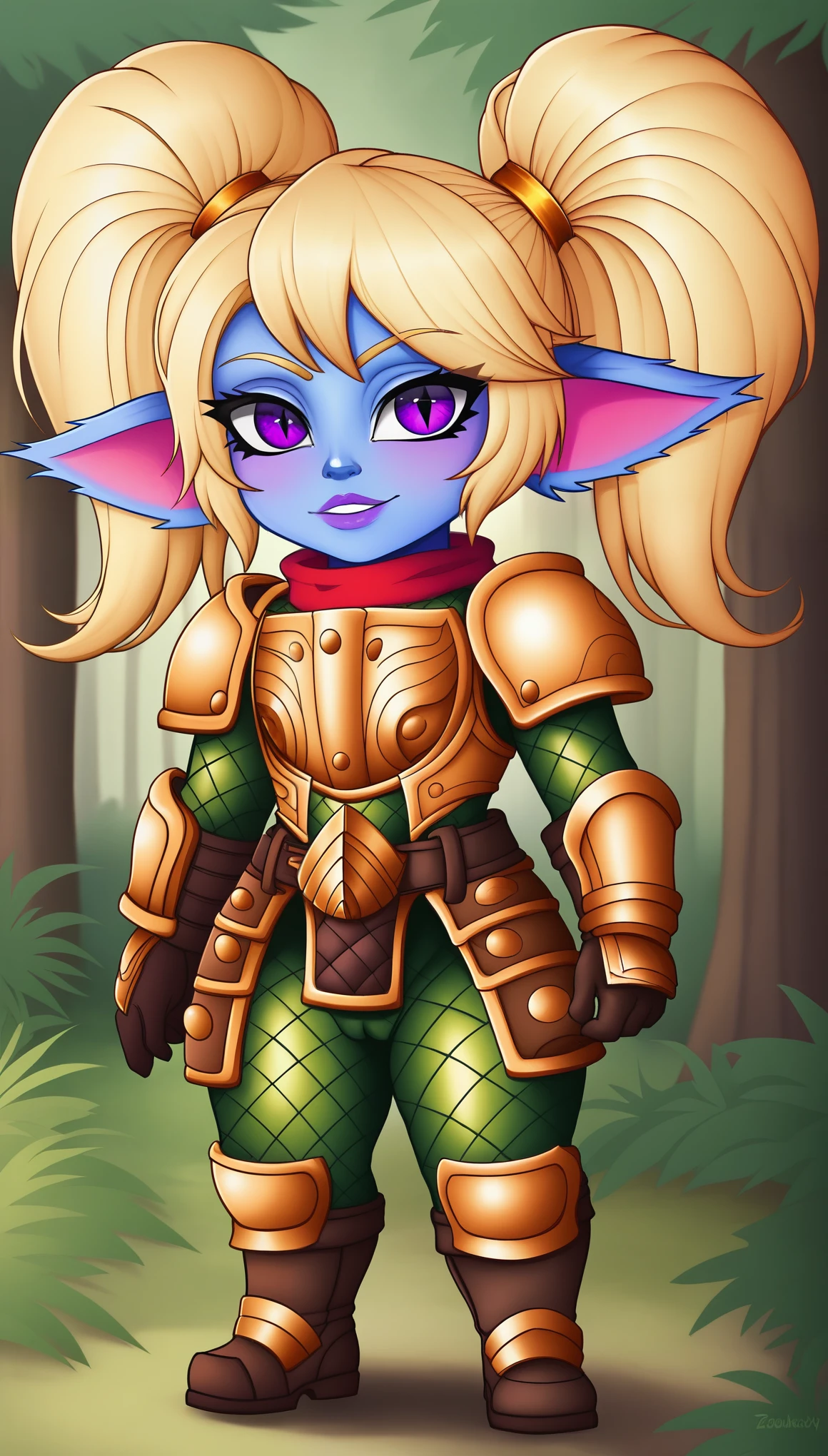 PoppyLoLXL, yordle, shortstack, purple eyes, blonde hair, twintails, blue skin, colored skin, golden armor,green snakeskin shirt, green snakeskin pants, brown boots, standing, looking at viewer, solo, forest, tree