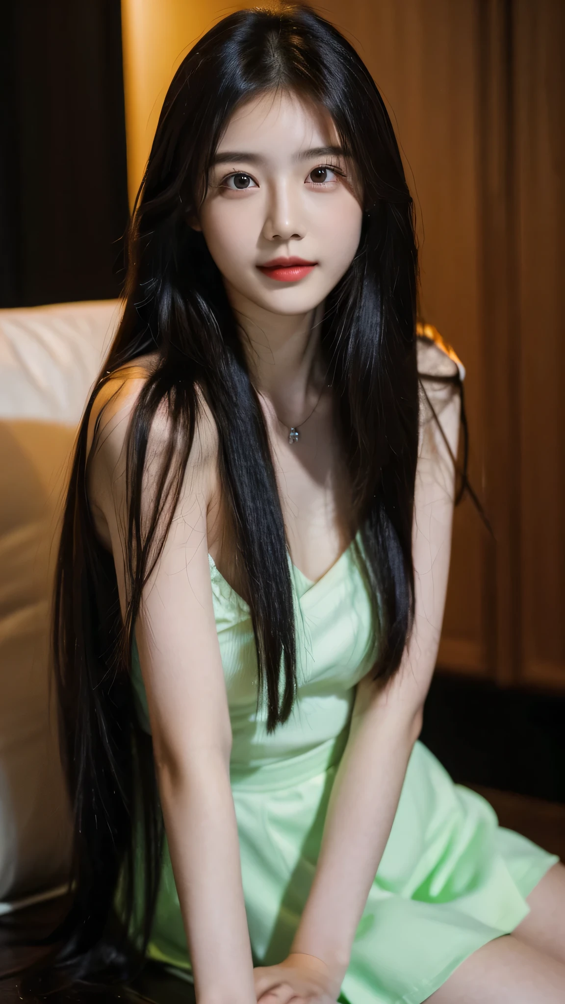((masterpiece, Top image quality, high resolution、Solitary、Glowing skin)) girl,single,Long hair,Chest,Looking at the audience,Big Chest,Black Hair,skirt,Brown eyes,Sitting,Separated Lips,necklace,Lips,realistic,Red lips,Smile