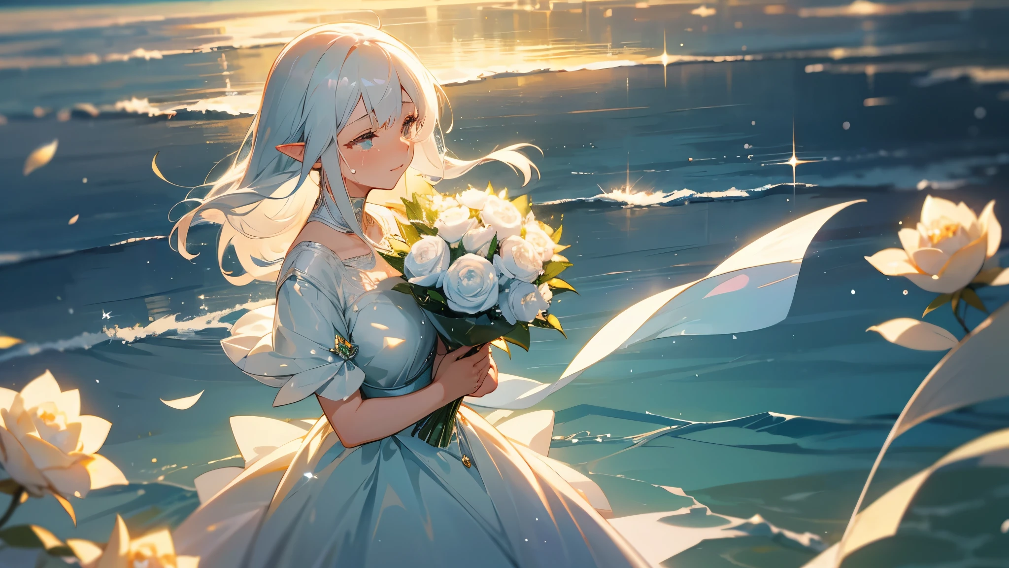 The background is in a delicate anime style.、The beautiful sea illuminated by the dazzling morning sun。With droplets of water and sparkles flying around、A beautiful white-haired elf girl with emerald eyes holding a bouquet of roses and crying.