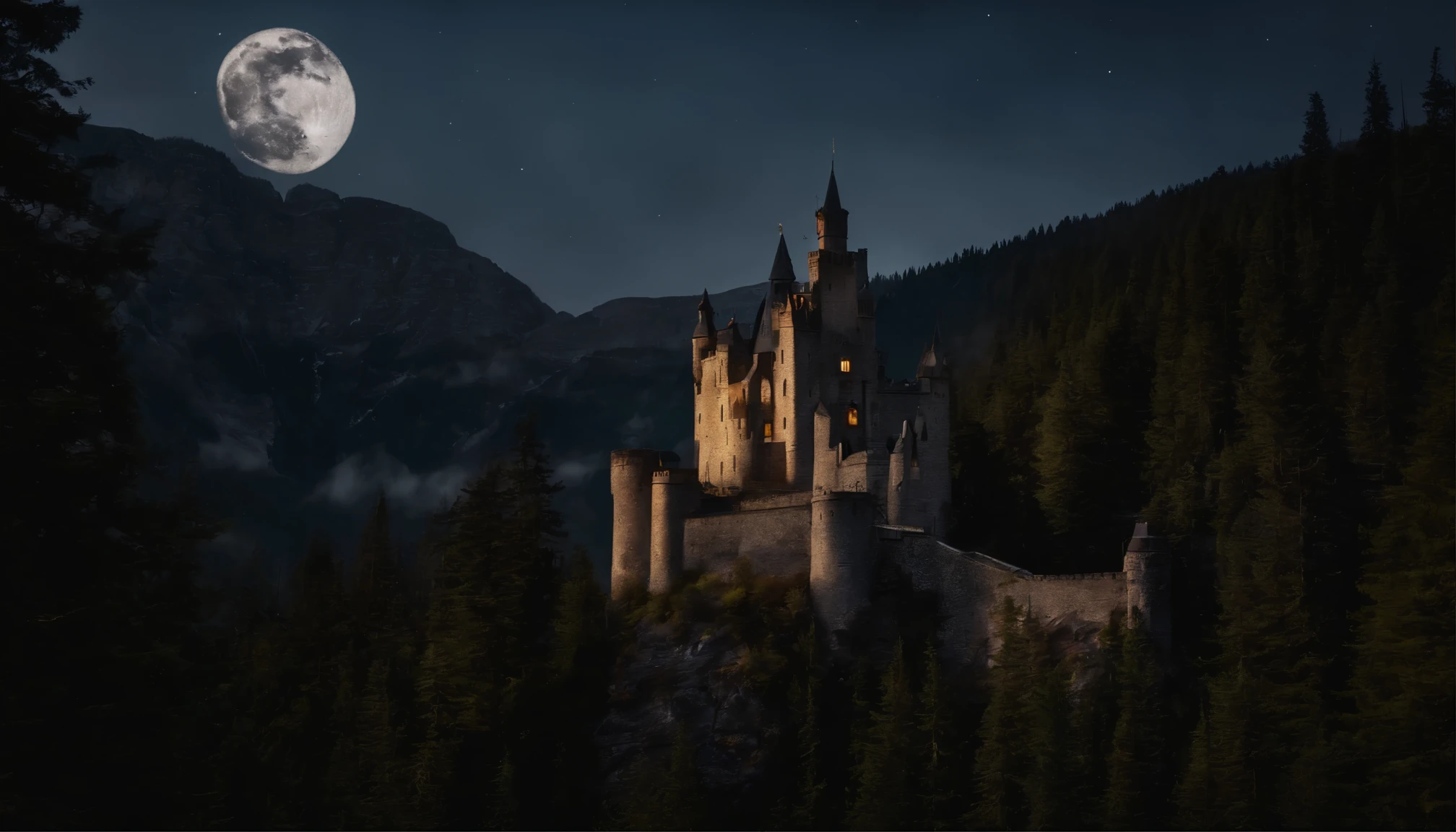 Big castle in the mountains, high towers, forest of nine conifers, lake in front of the castle, dark starry night, the moon