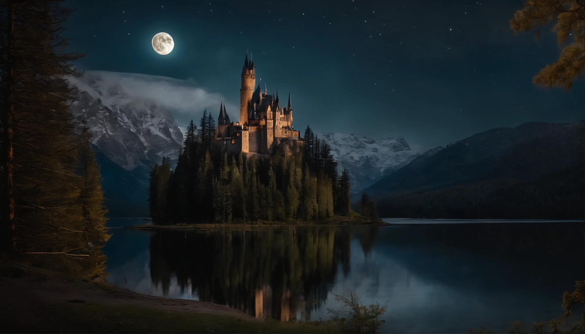 Big castle in the mountains, high towers, forest of nine conifers, lake in front of the castle, dark starry night, the moon
