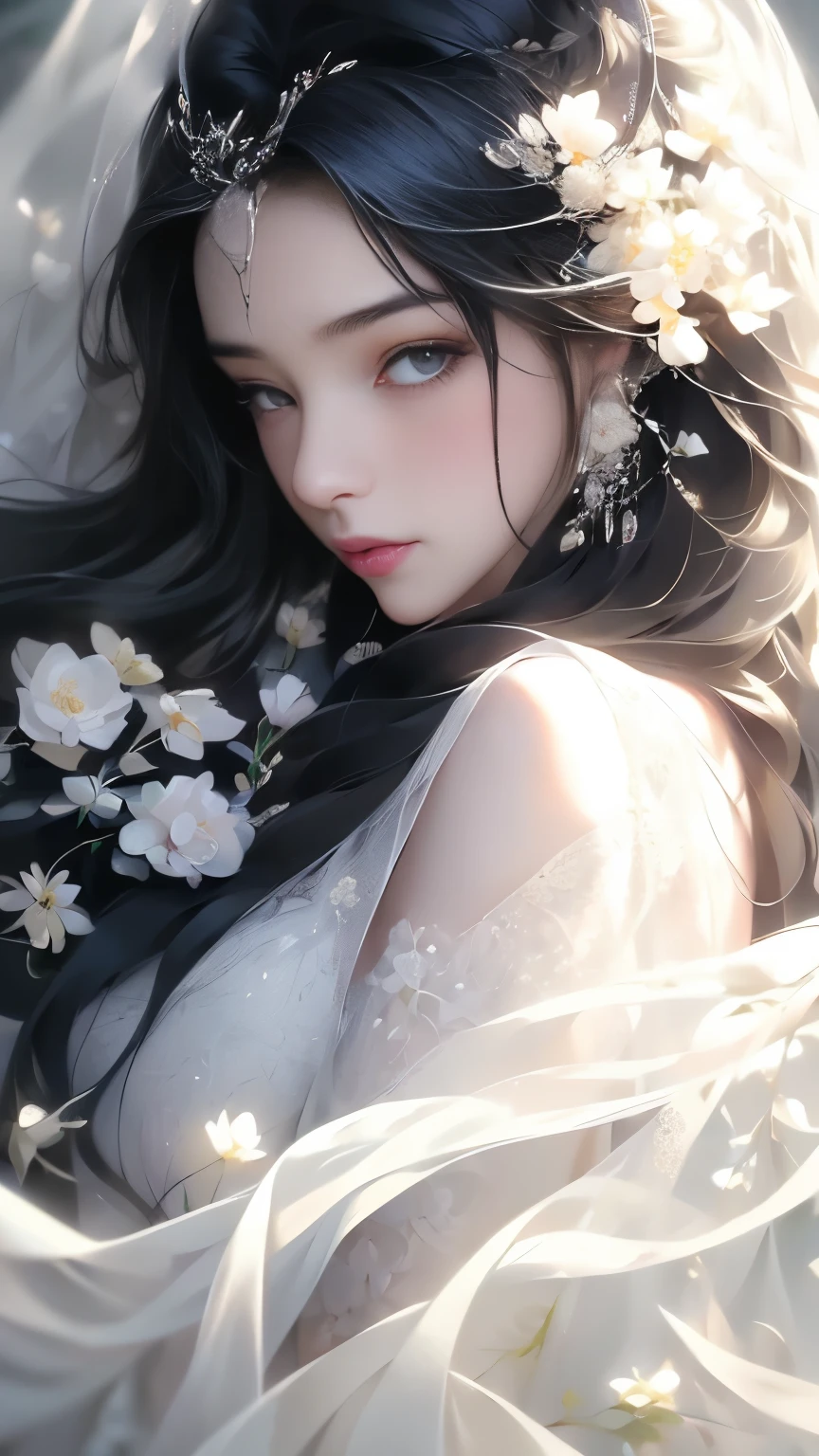 1 girl, Full body image, Black Hair, Flowing hair, Hazy Beauty, Extremely beautiful facial features, White embroidered dress, Hairpin on head, Lying in the flowers,  Perfect hands, White flowers, Simple vector art, Chinese Contemporary Art, Soft Light, Tangled scarf, High angle shot